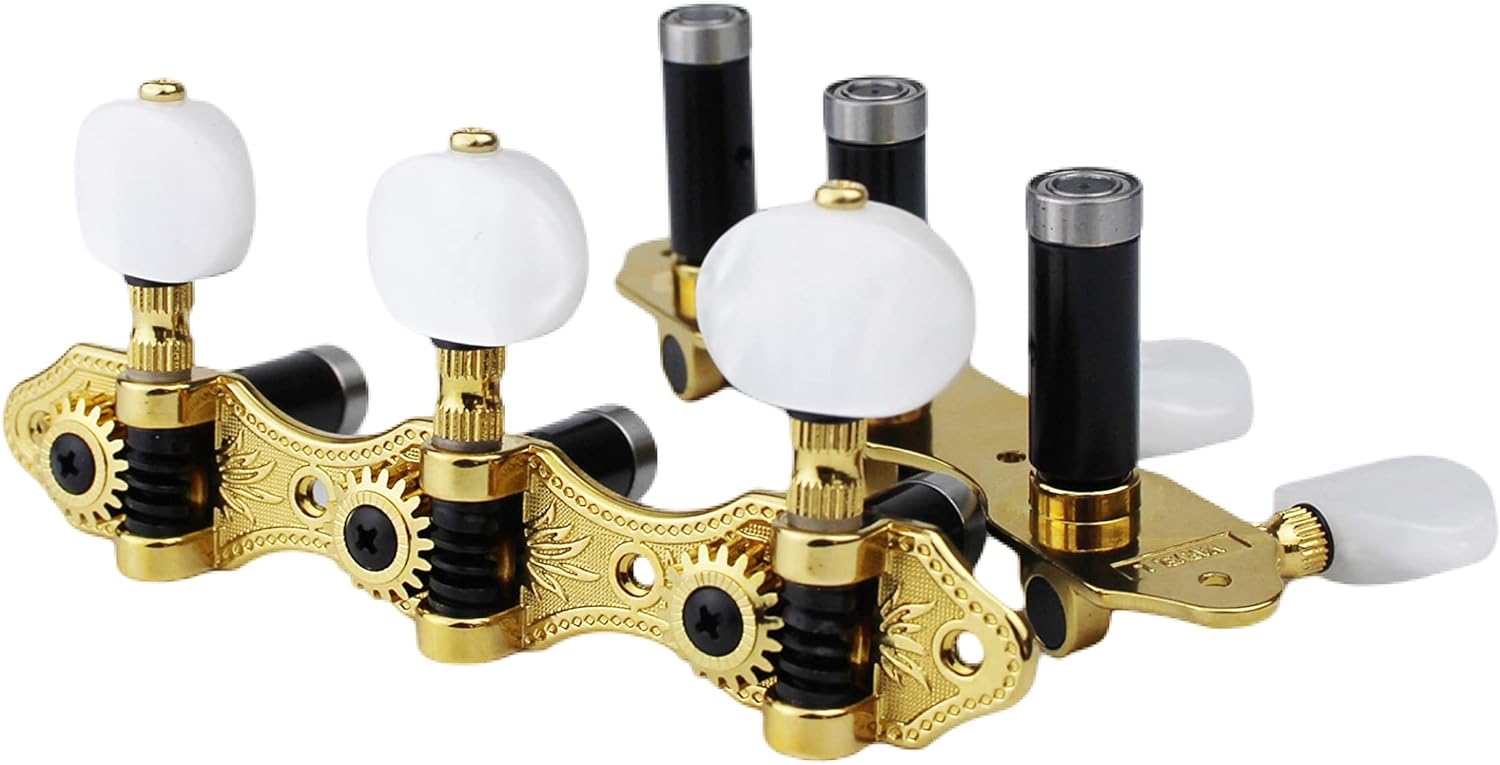 Sintonizadores para guitarra clássica dourados com botões de jade branco perolado e quadro aberto