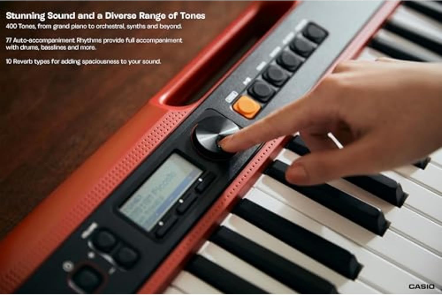 Painel de controle Casio Casiotone CT-S200RD teclado portátil vermelho com especificações de tons e ritmos