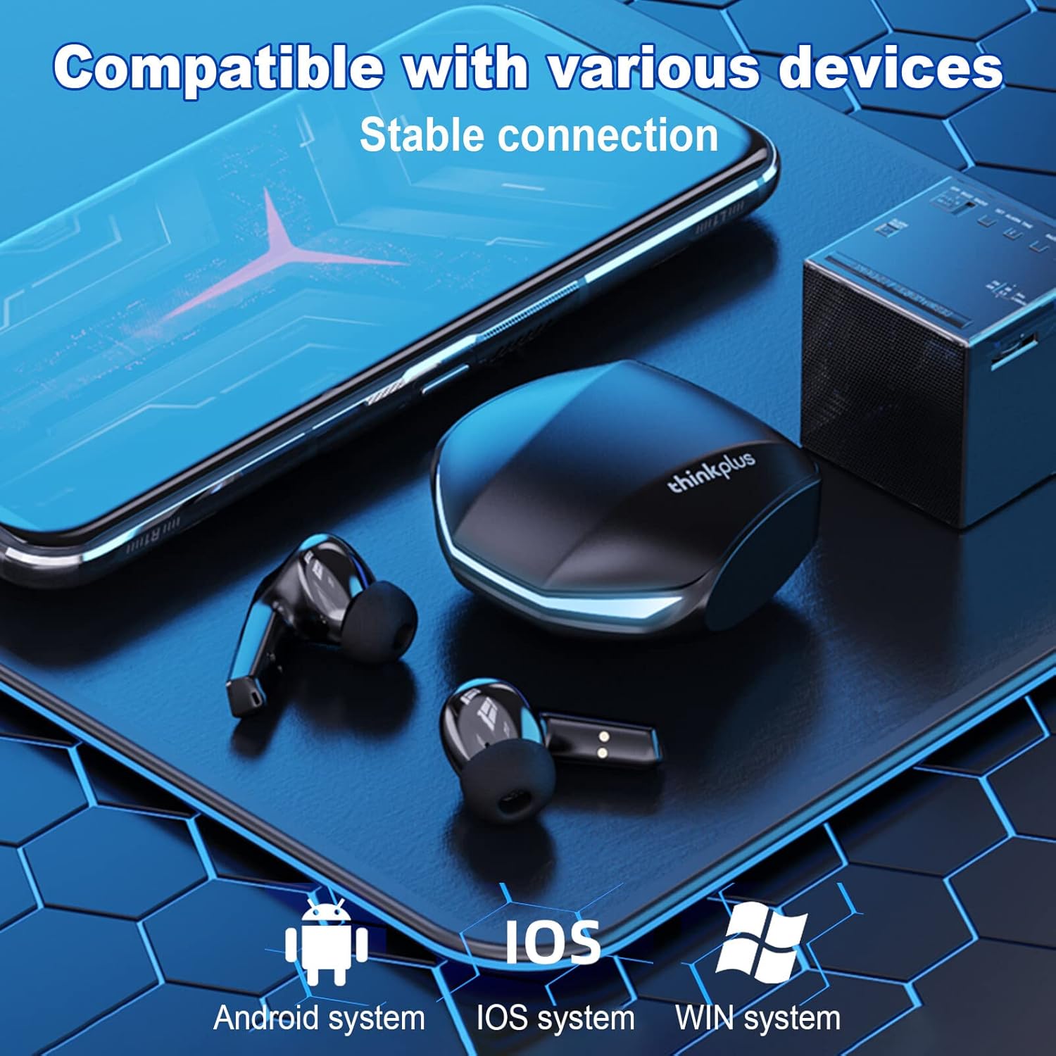 Fones Lenovo thinkplus GM2 Pro compatíveis com Android, iOS e Windows, conexão estável.