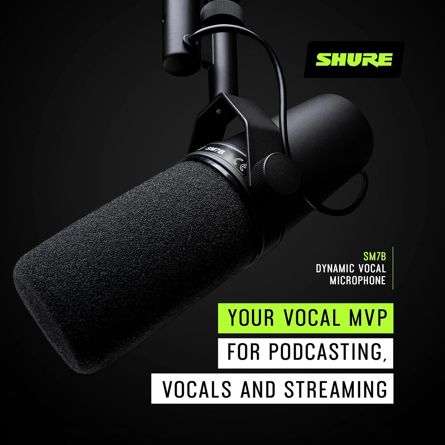 Shure SM7B microfone dinâmico para vocais ideal para podcasting e streaming em fundo preto