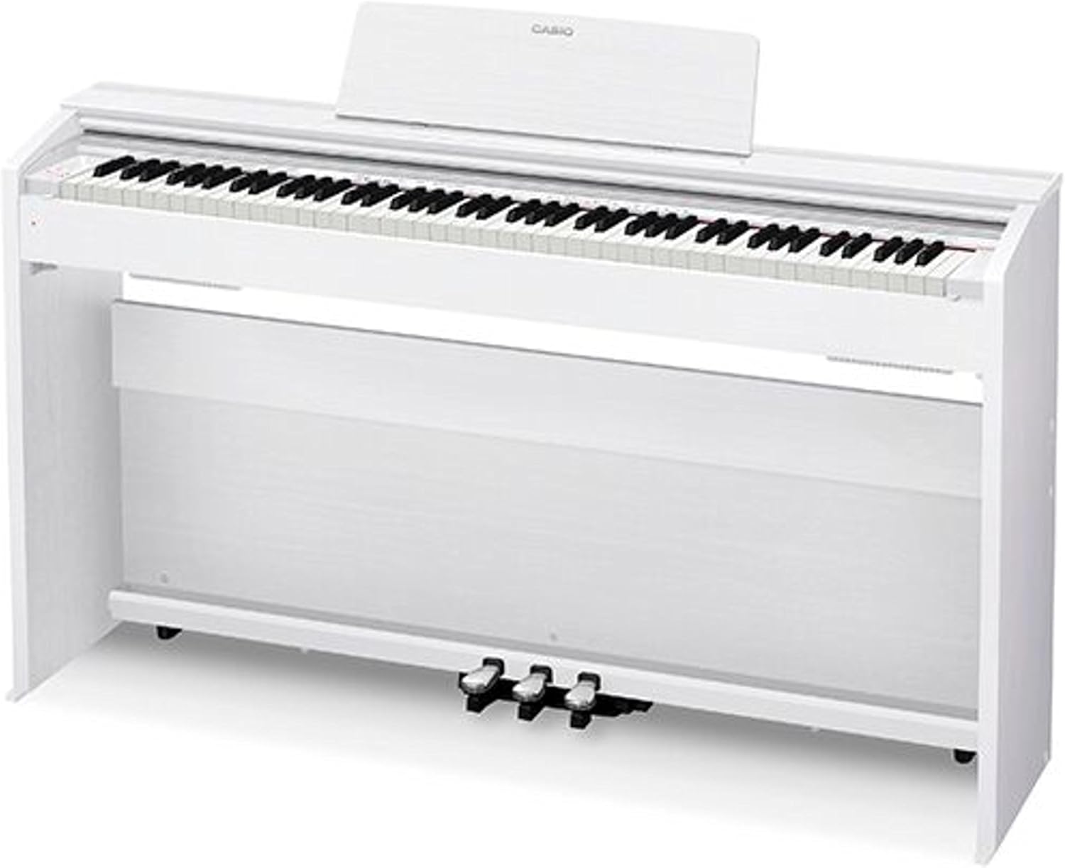 Piano digital branco Casio PX-870 Privia com 88 teclas, pedais e suporte para partituras, visão lateral.