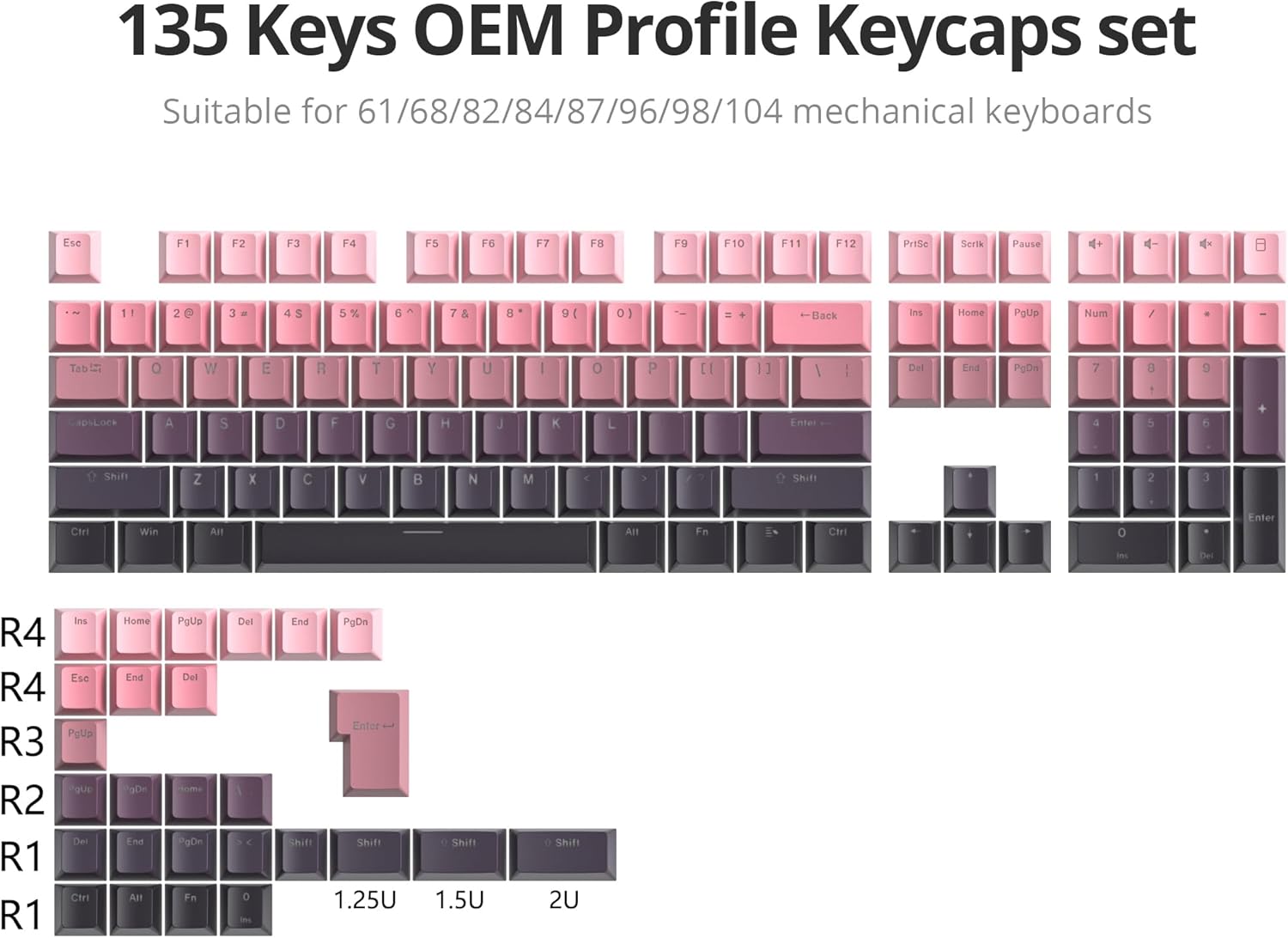 Conjunto de 135 teclas OEM para teclados mecânicos com gradiente rosa a cinza, compatível com várias configurações.