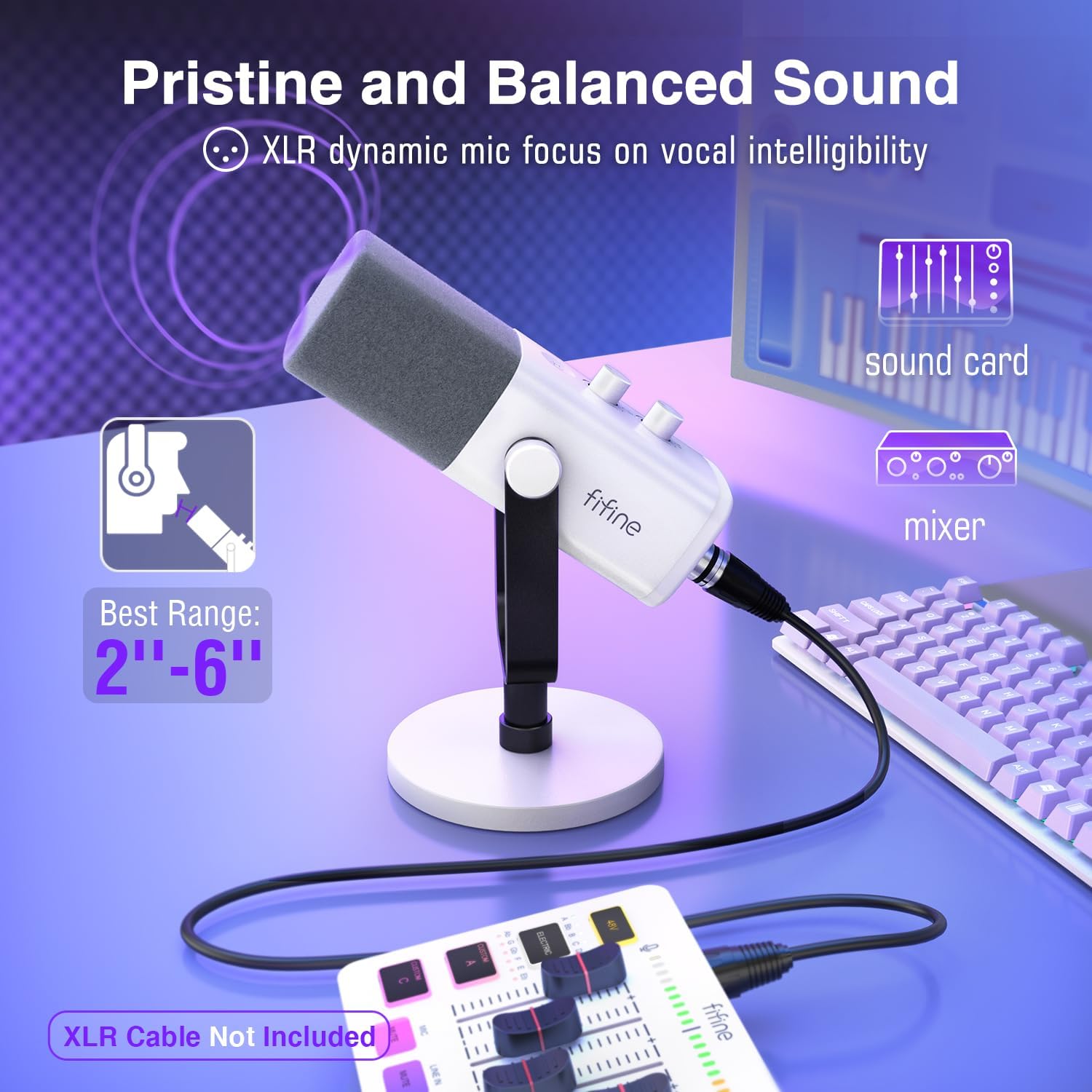 Microfone dinâmico FIFINE AM8 branco destaca som limpo, alcance ideal 2-6 polegadas, cabo XLR não incluído
