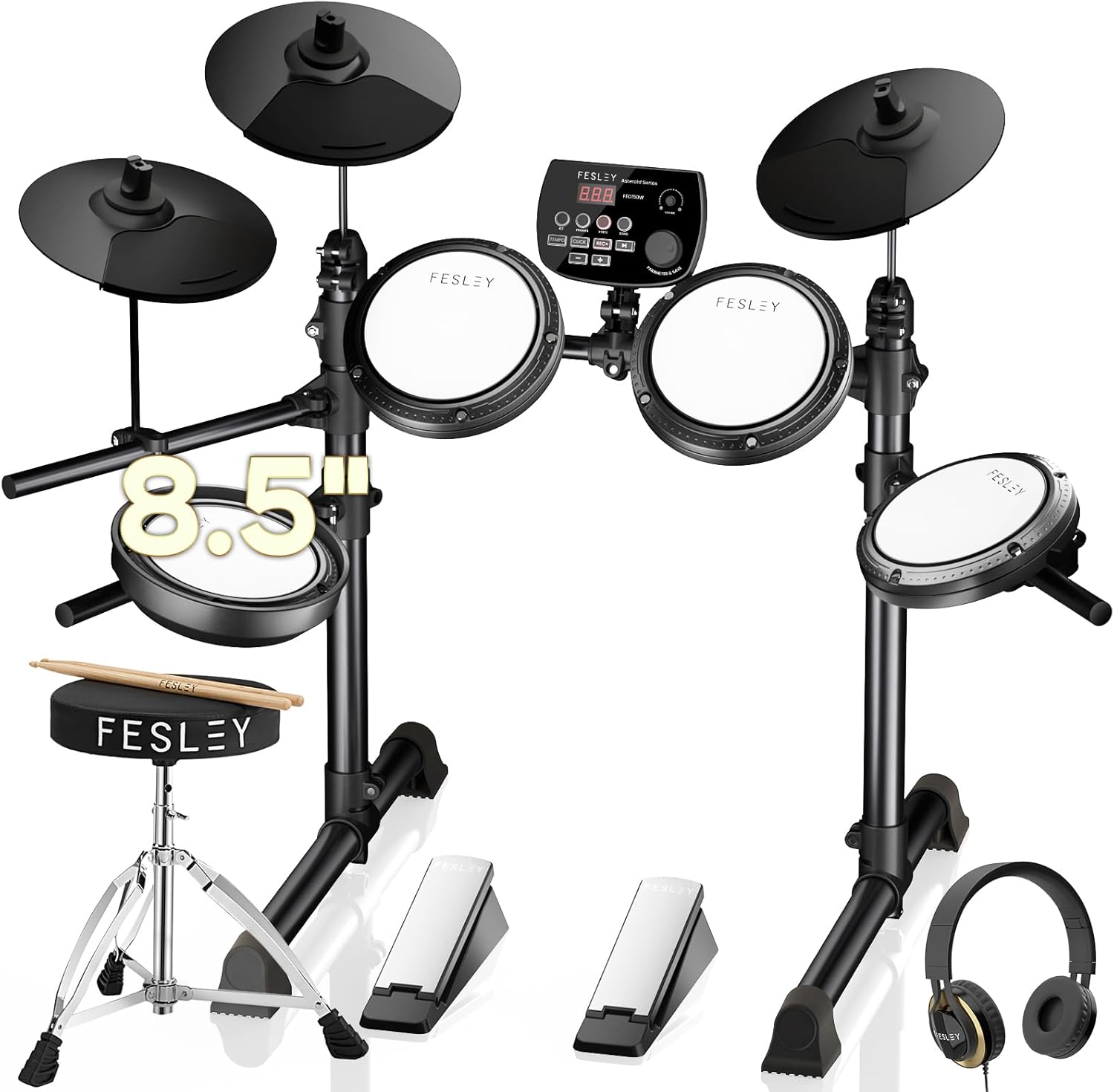 Conjunto de bateria eletrônica Fesley FED150W com 4 pads, 2 pratos, pedal e banquinho em fundo branco