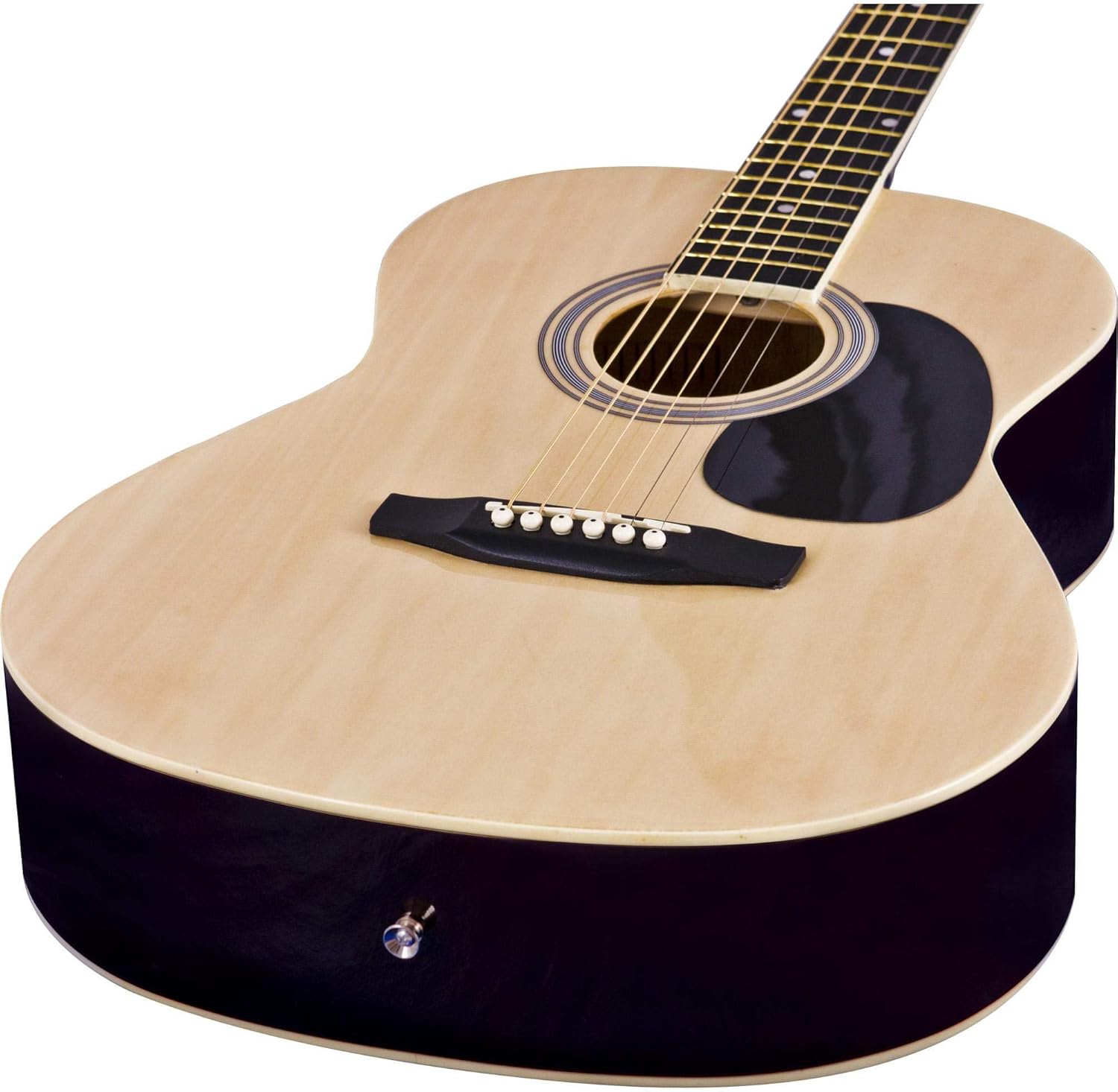 Close do tampo do violão acústico Harmonics GS-11 com tampo natural e escudo preto.