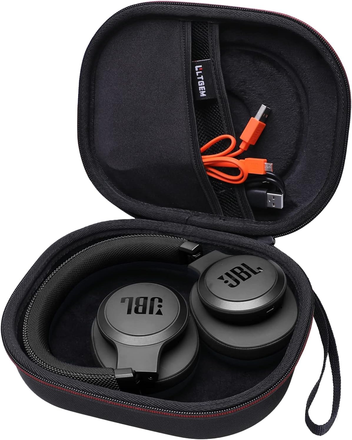 Capa rígida preta LTGEM EVA para fones JBL, proteção antichoque e semiimpermeável com compartimento para cabos.
