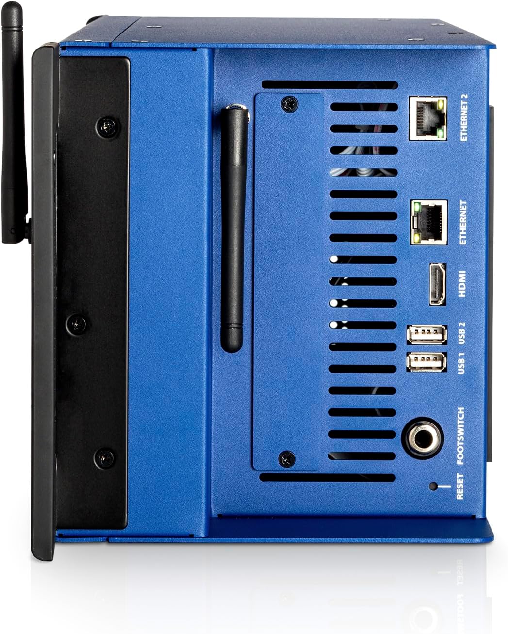 Lateral da Soundcraft UI24R com portas Ethernet, HDMI, USB e antena Wi-Fi