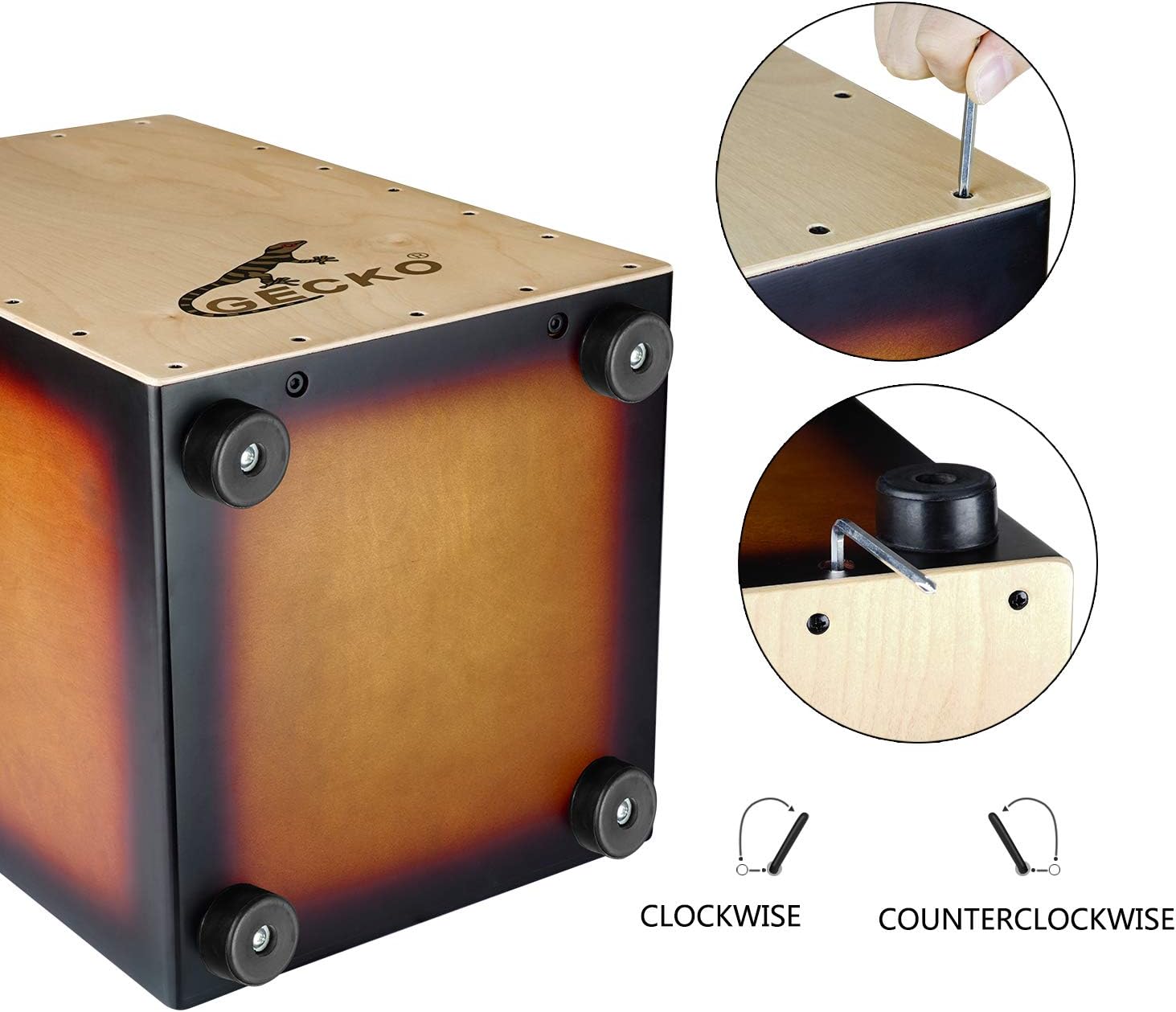 Fundo do cajon GECKO BOX com pés antiderrapantes e chave Allen para ajuste dos parafusos do tampo frontal