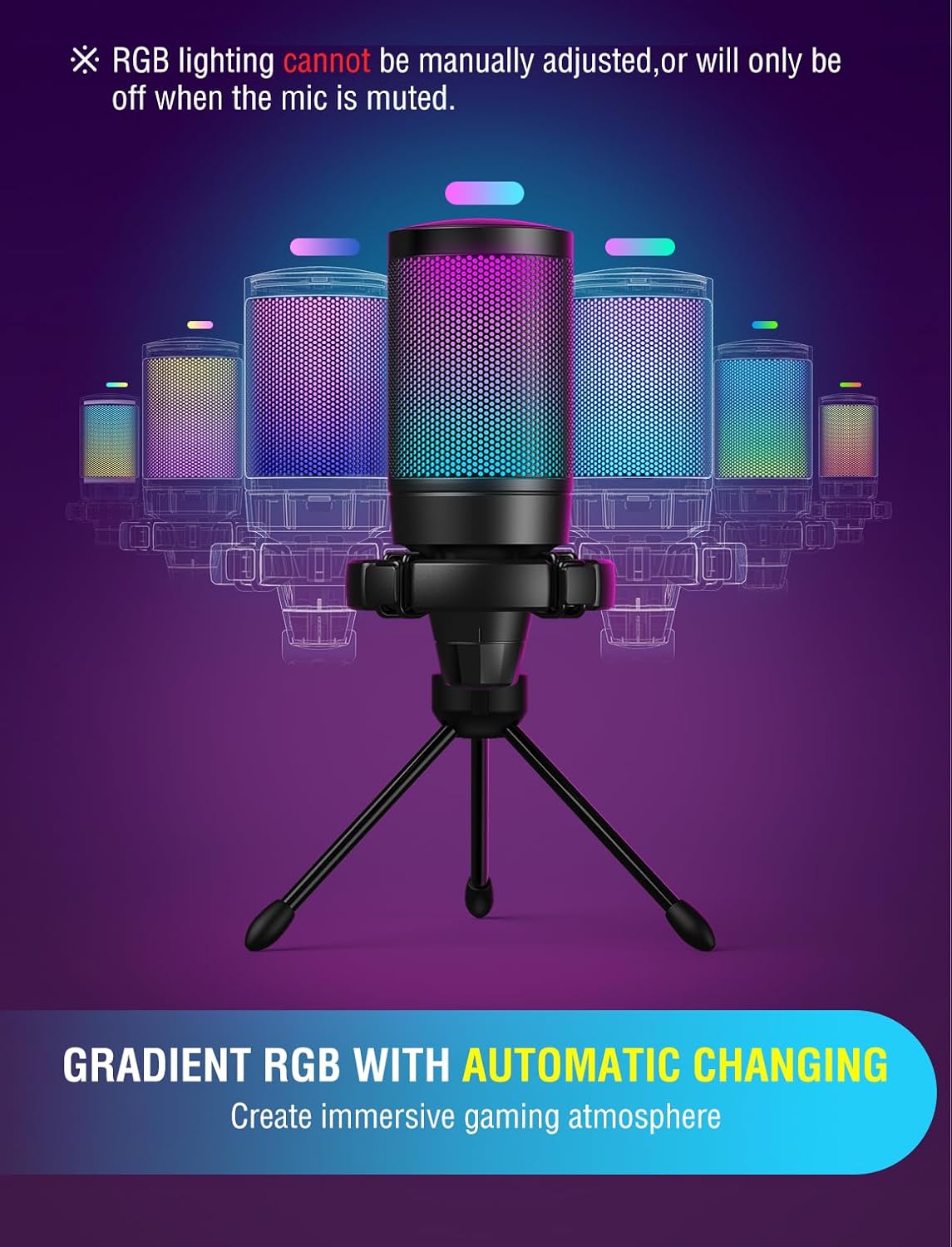Iluminação RGB automática do microfone FIFINE A6V que muda gradualmente e desliga somente no modo mudo.