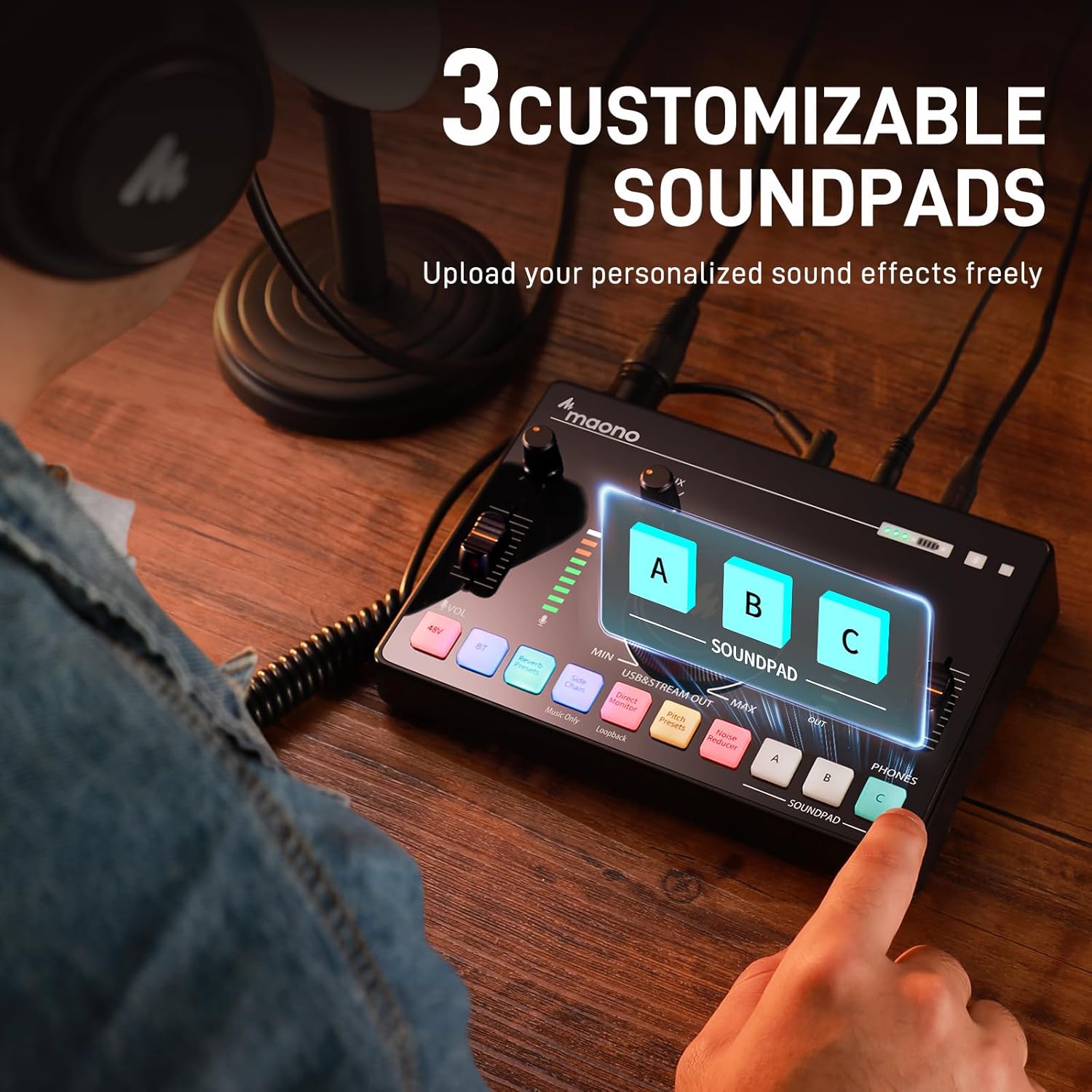 Placa de som MAONO com 3 soundpads personalizáveis para efeitos sonoros personalizados