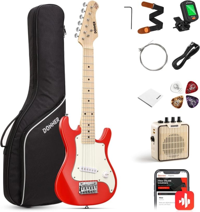 Kit iniciantes guitarra elétrica Donner 30 polegadas vermelho com acessórios bolsa, correia, afinador, palhetas, cabo e amplificador.