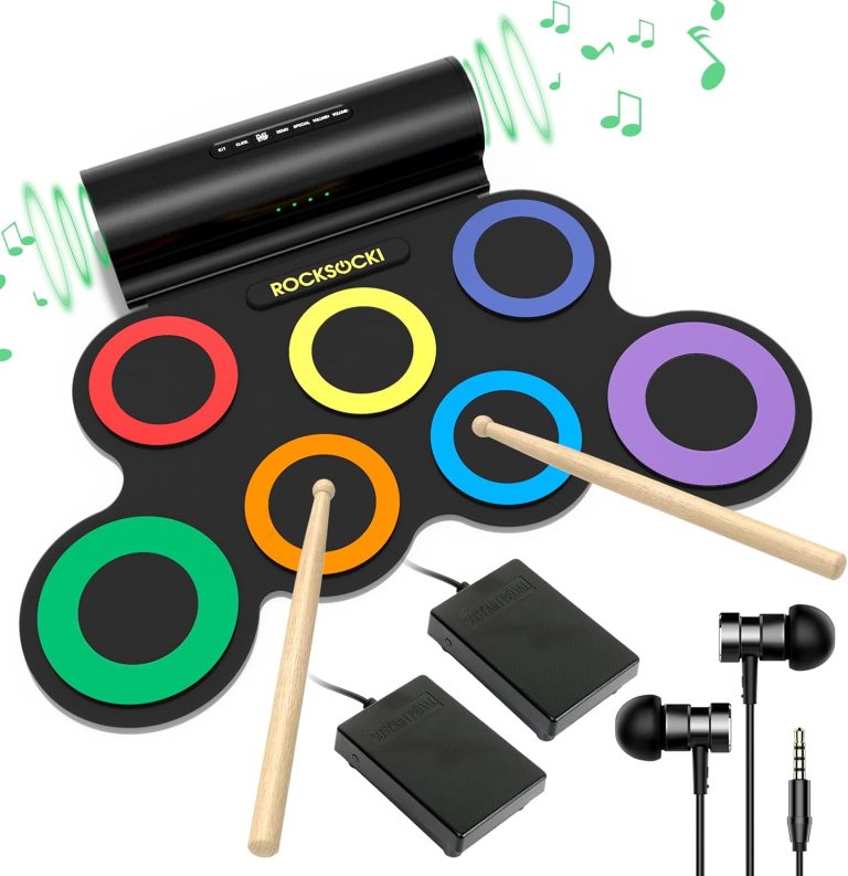 Bateria eletrônica ROCKSOCKI com 7 tambores coloridos, alto-falante integrado, pedais e fones de ouvido