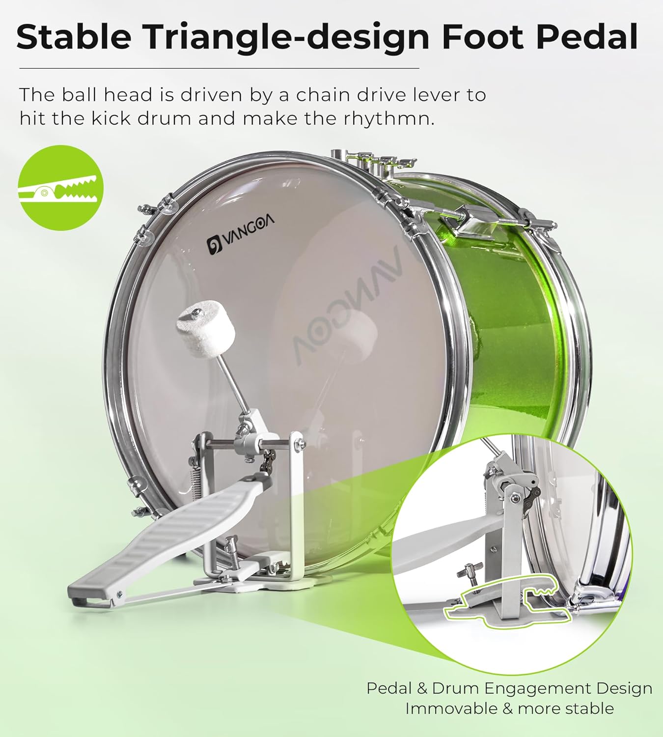 Pedal de pé com design triangular estável para bateria acústica verde Vangoa