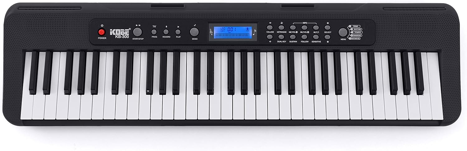 Teclado Kobe KB-300 com 61 teclas, painel de controle com botões e display azul, design preto.