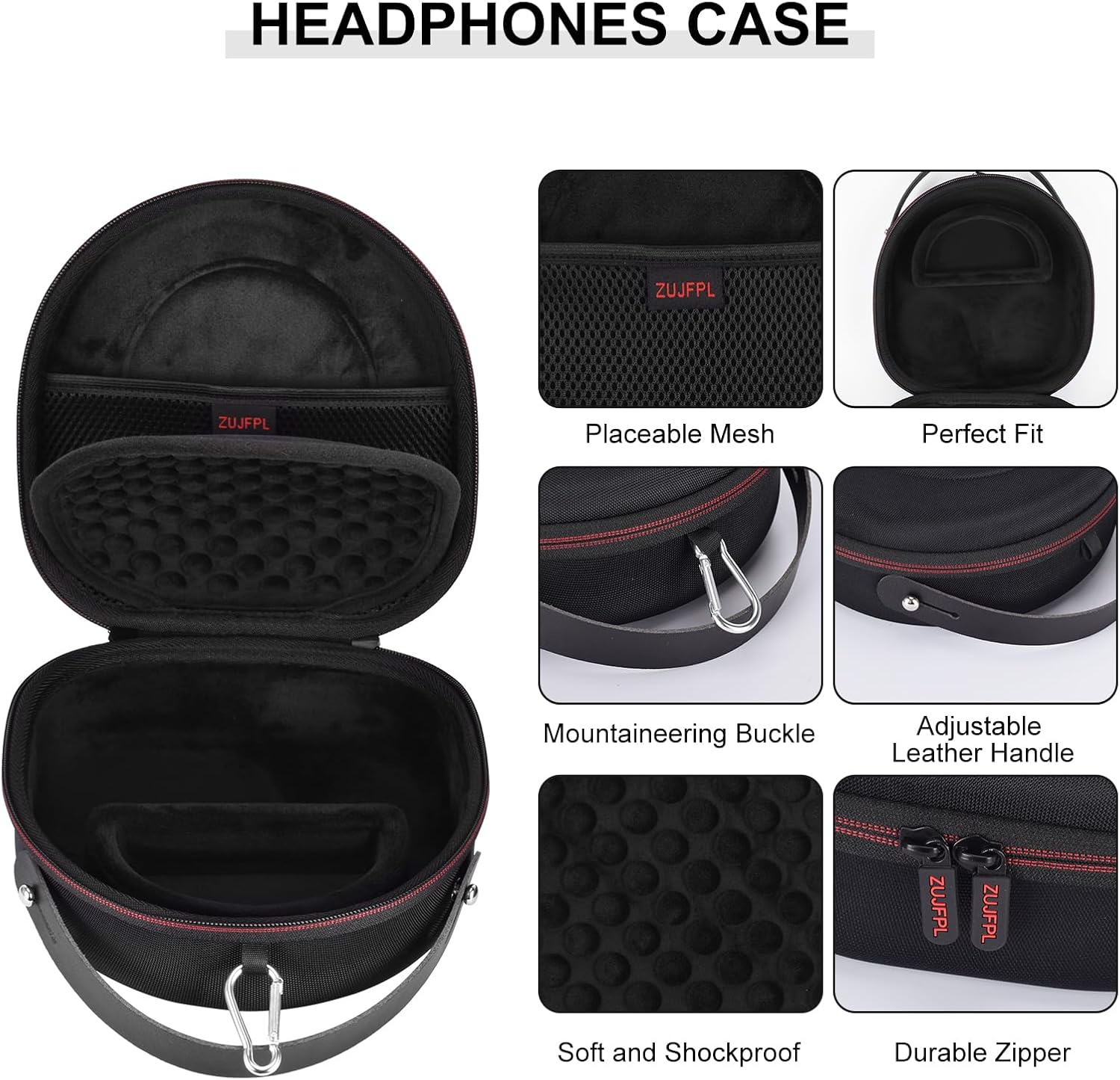 Detalhes da capa rígida preta para fones de ouvido ZUJFPL com bolso mesh, alça ajustável e proteção contra choques.