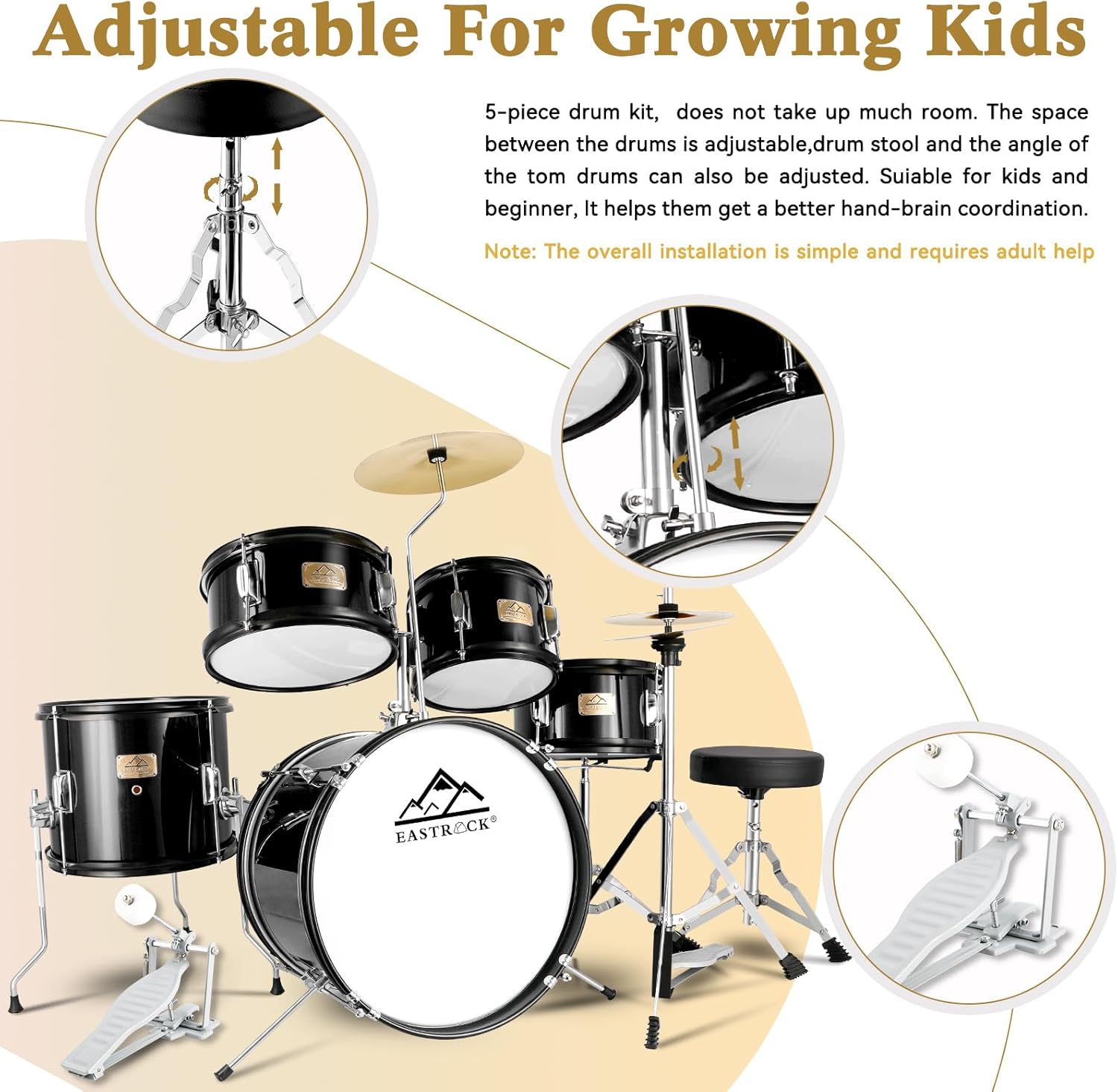 Ajustes para crescimento e ergonomia do kit bateria infantil EASTROCK 5 peças preto