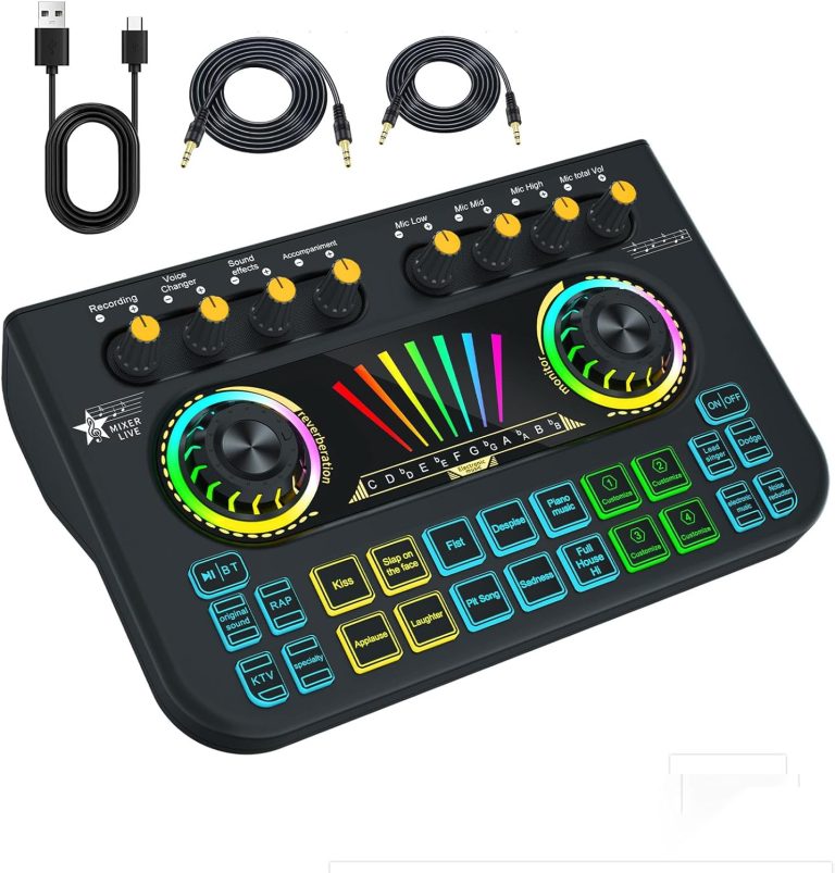 Mixer de áudio Beyoursun para jogos com mesa de som USB e trocador de voz com botões coloridos e cabos inclusos