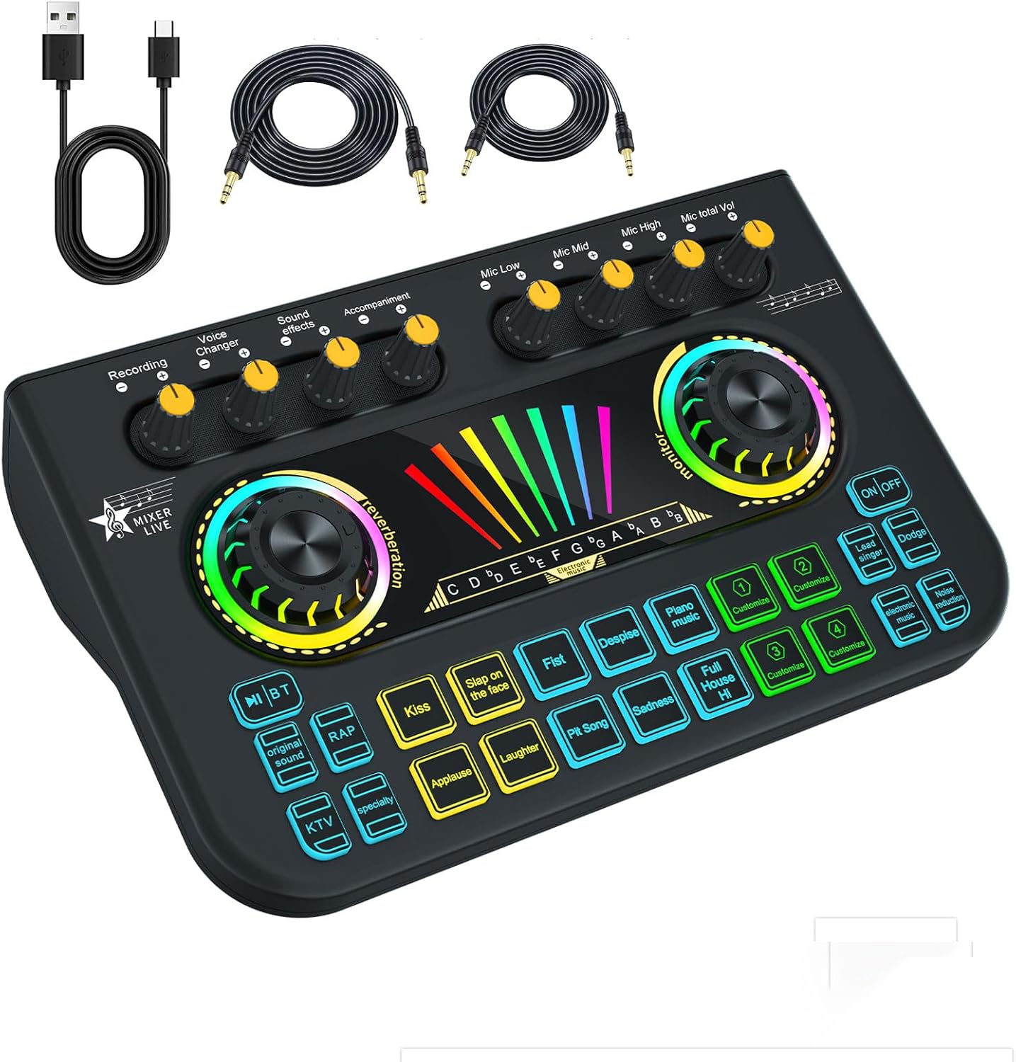 Mixer de áudio Beyoursun para jogos com mesa de som USB e trocador de voz com botões coloridos e cabos inclusos