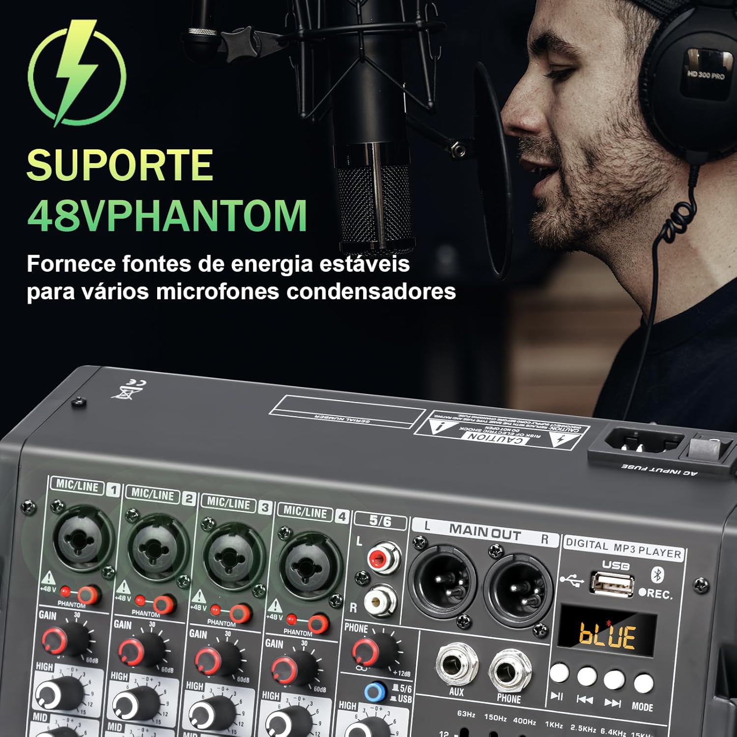 Mixer de áudio TKLBLS com suporte phantom power 48V para microfones condensadores
