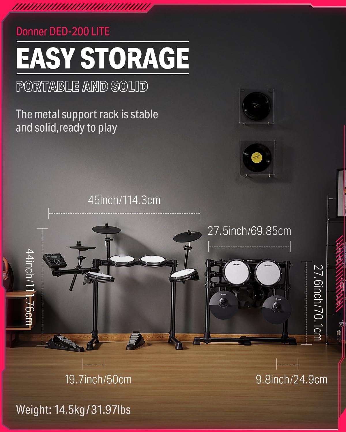 Dimensões e estrutura portátil da bateria eletrônica Donner DED-200 LITE com rack metálico sólido.