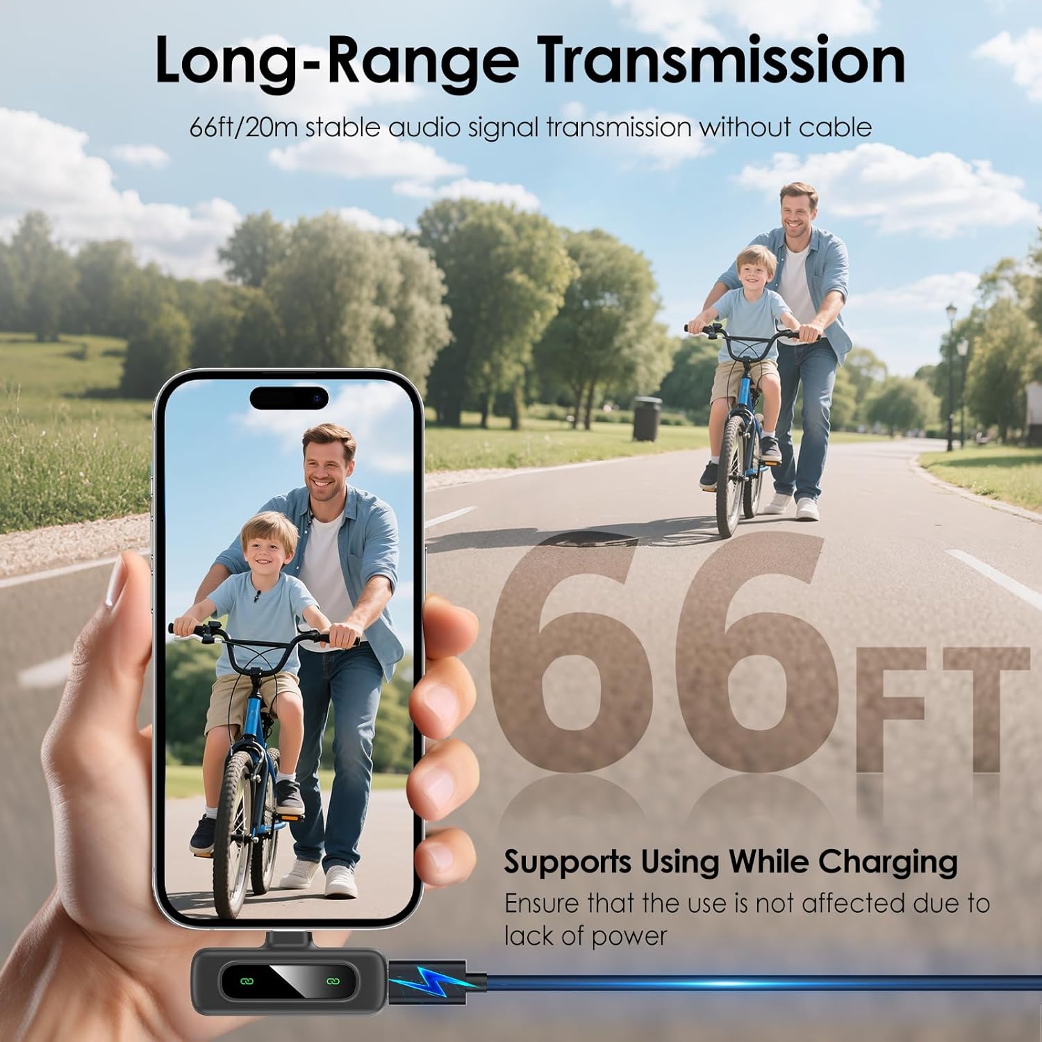 Microfone de lapela HEHOTTC com transmissão sem fio estável de 20 metros e suporte para uso durante carregamento.