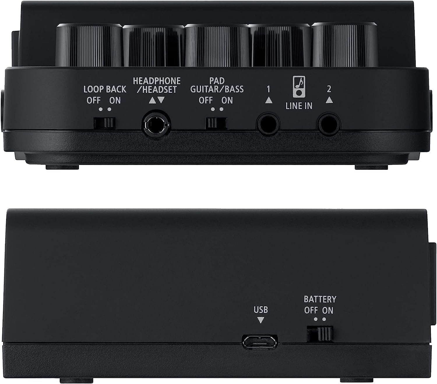 Lados da interface Roland GO:MIXER PRO-X mostrando conexões e controles
