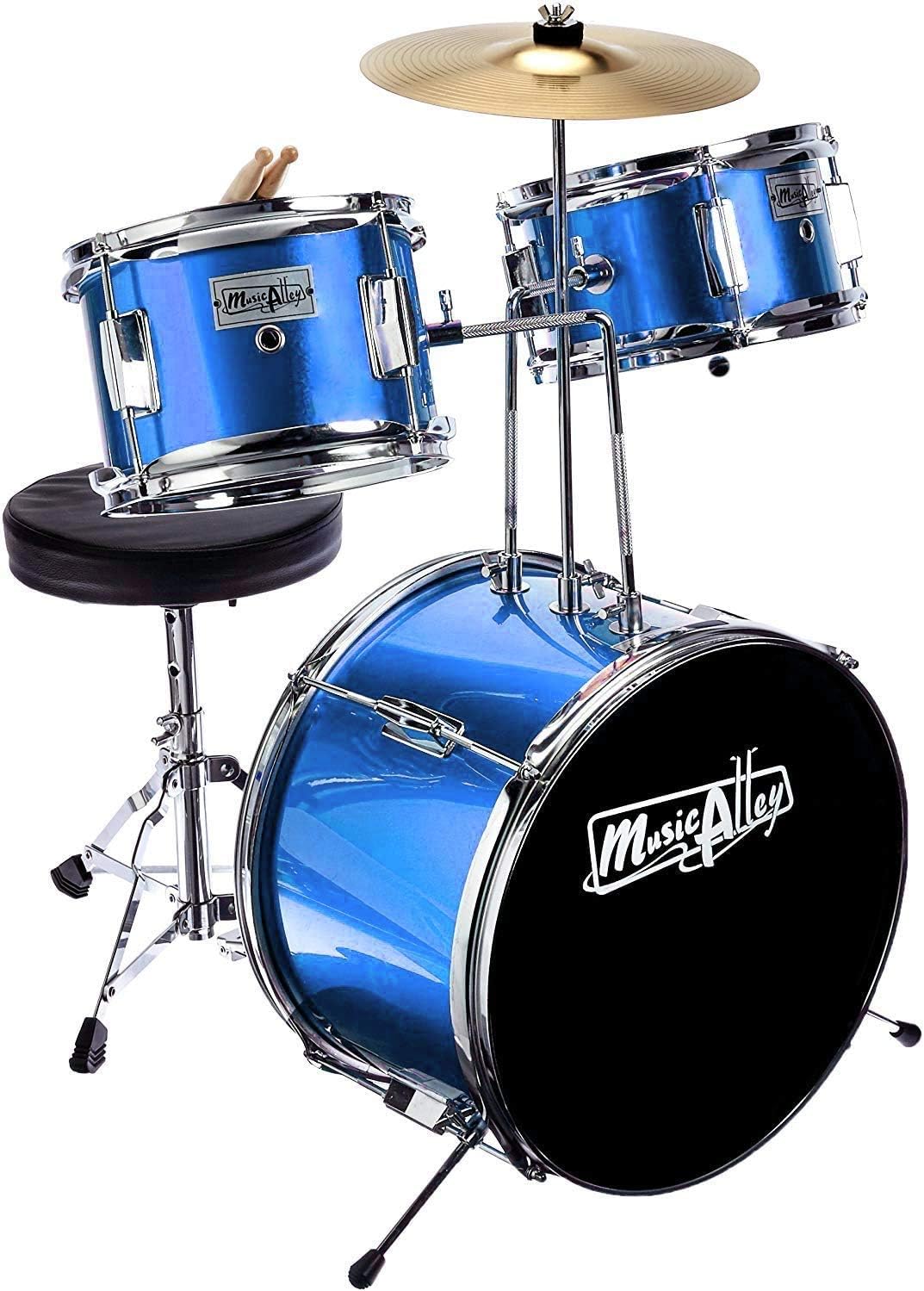 Music Alley bateria infantil azul com 3 peças, trono preto e baquetas de madeira