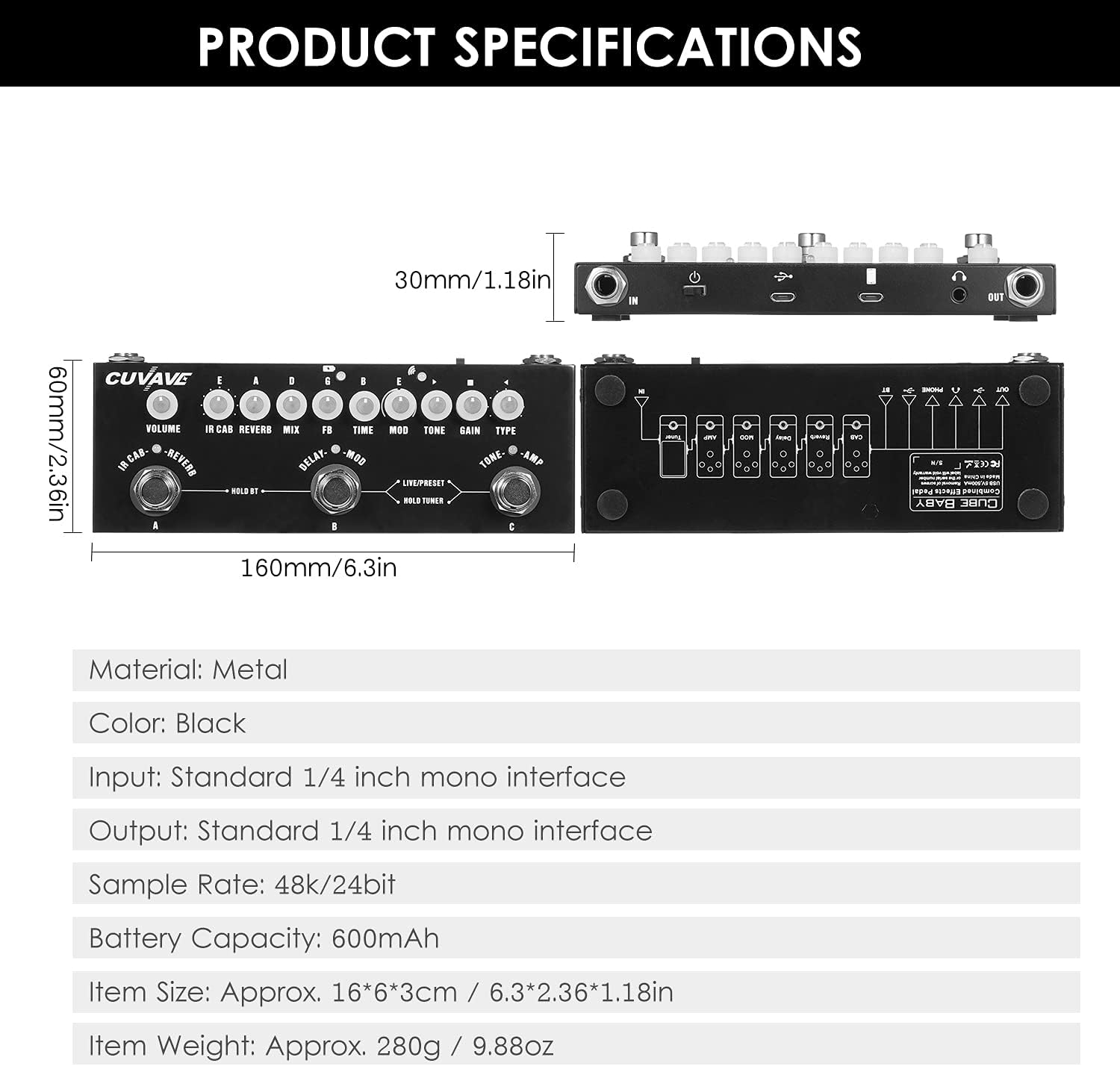 Especificações técnicas do pedal de efeitos Mibee CUBE BABY com dimensões, peso, material e entradas mono 1/4 polegada