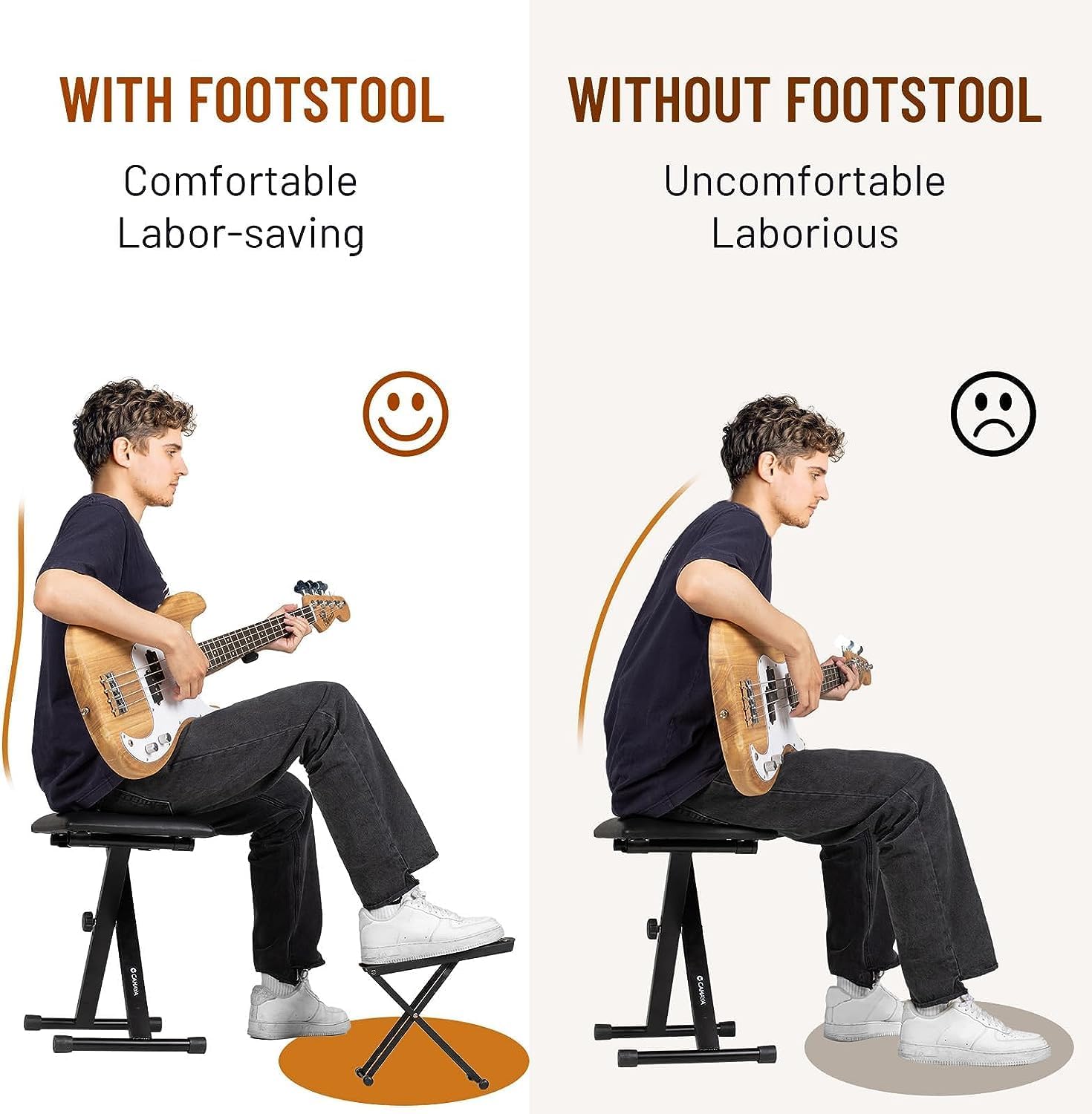 Comparação de postura confortável com apoio para pé e desconfortável sem apoio para guitarra.