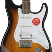 Guitarra elétrica Squier Bullet Stratocaster HT HSS com acabamento sunburst, captadores HSS, corpo em madeira, braço com 22 trastes e escudo branco.