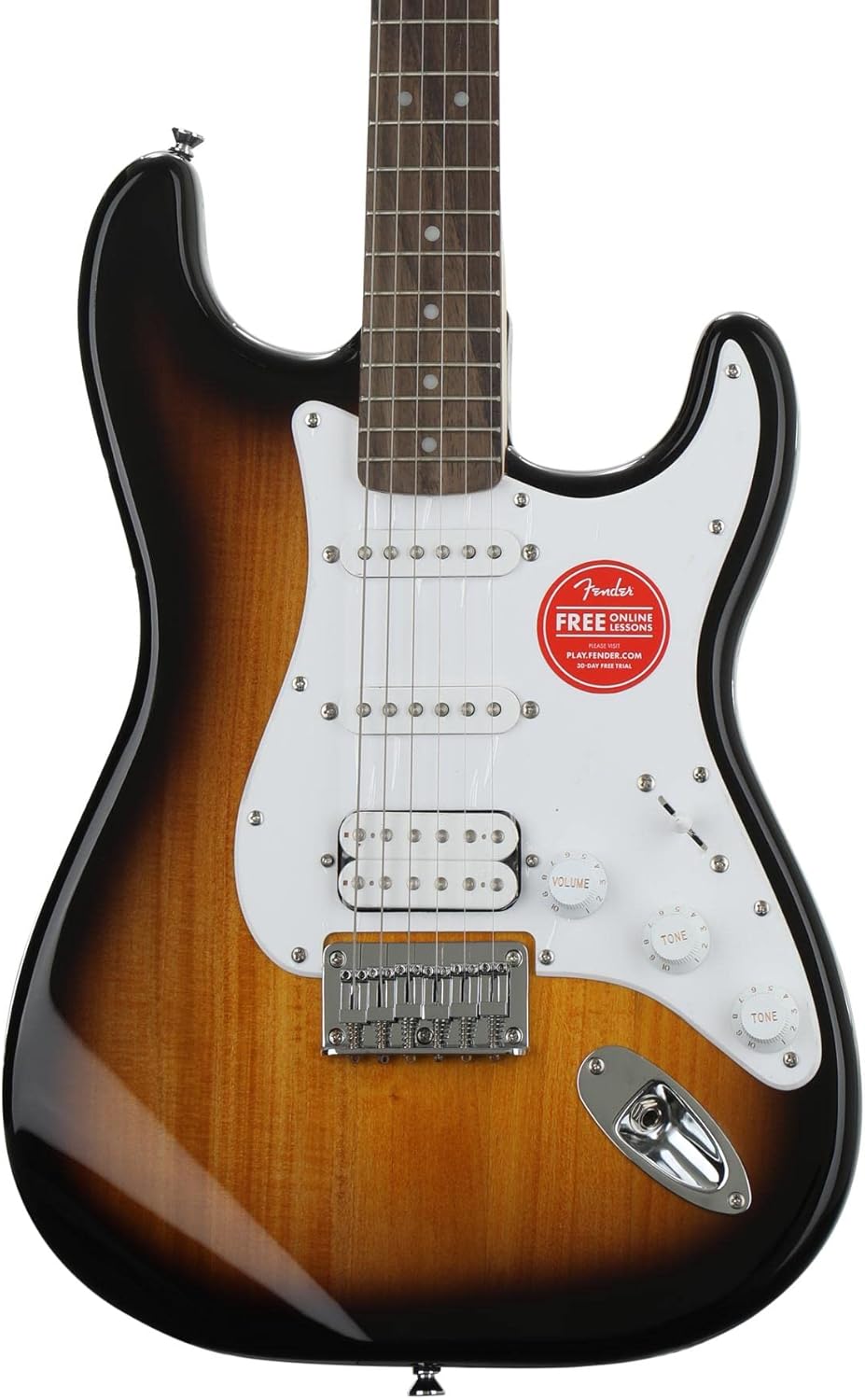 Guitarra elétrica Squier Bullet Stratocaster HT HSS com acabamento sunburst, captadores HSS, corpo em madeira, braço com 22 trastes e escudo branco.