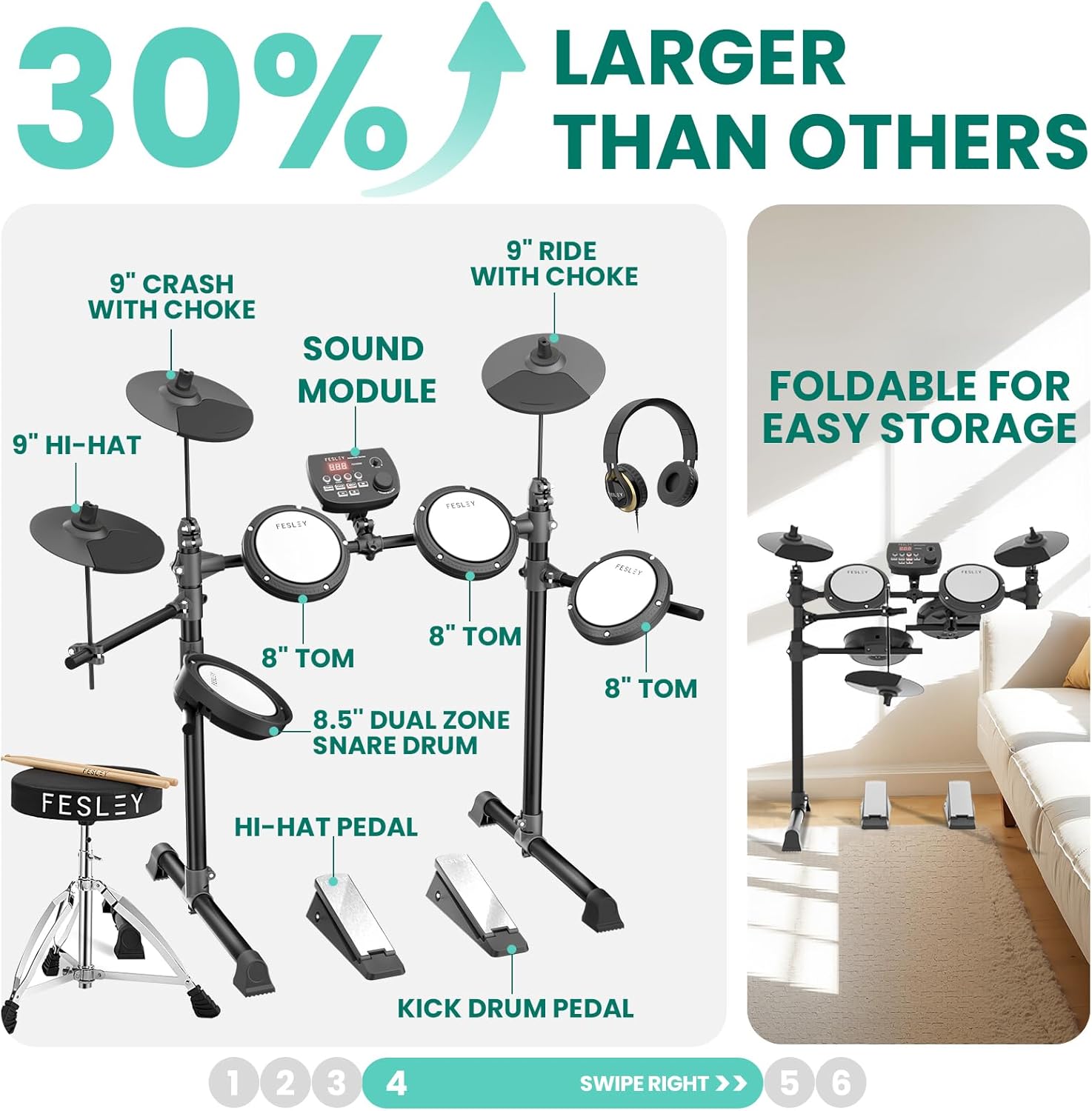 Bateria eletrônica Fesley FED150W com tamanhos dos tambores e pratos, módulo de som e pedais, e característica dobrável para armazenamento.