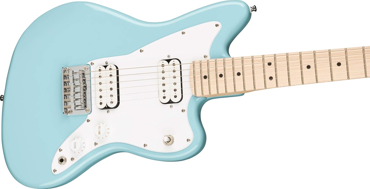 Guitarra elétrica Squier Mini Jazzmaster HH azul claro com corpo offset e captadores duplos, vista frontal