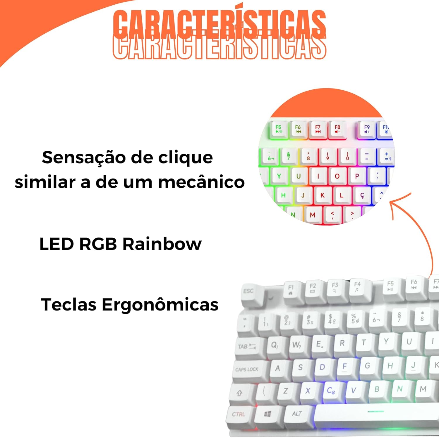 Características do teclado gamer Titorion TE001: clique mecânico, LED RGB Rainbow e teclas ergonômicas.