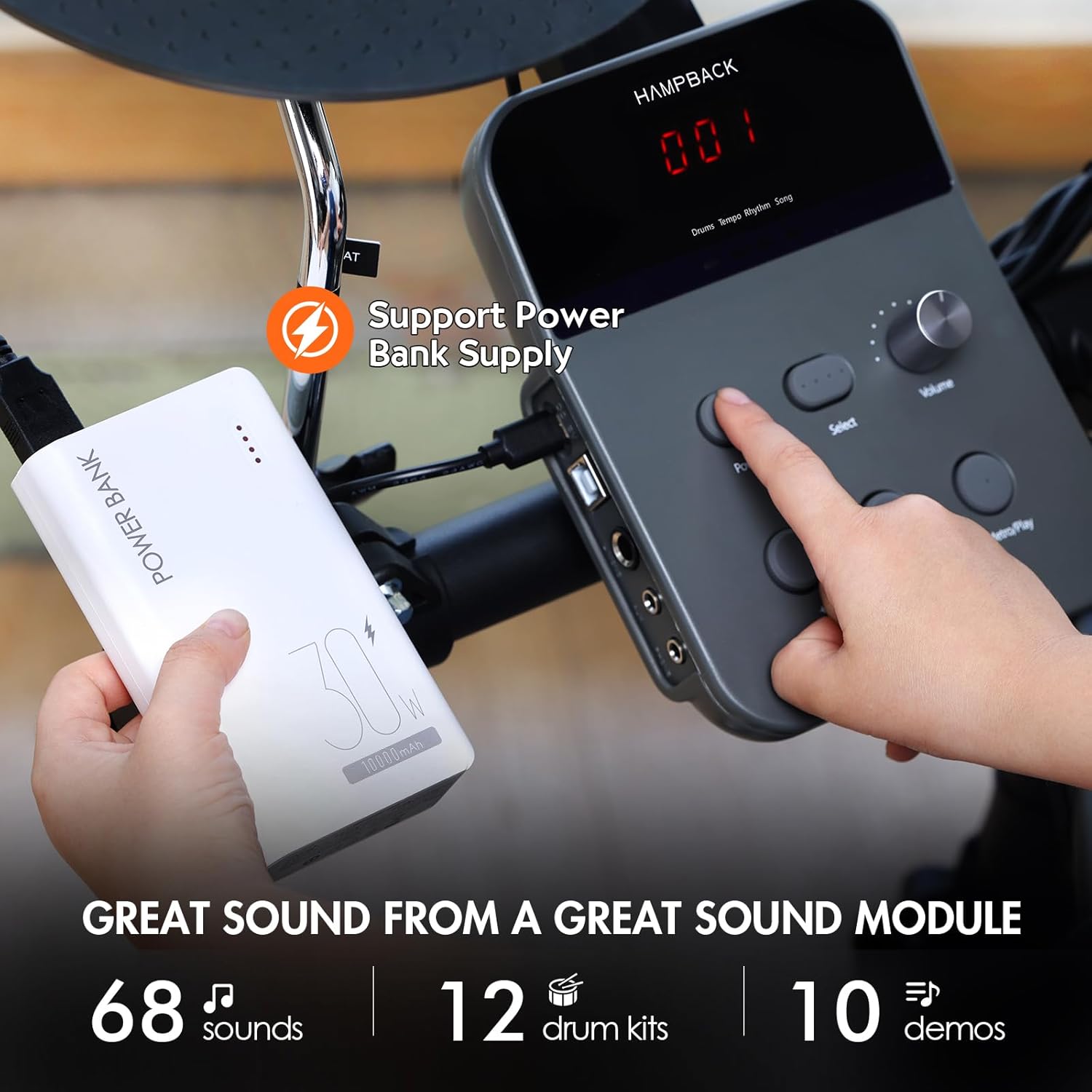 Módulo de som da bateria eletrônica HAMPBACK MK-0 PRO com suporte a power bank, 68 sons, 12 kits de bateria e 10 demos