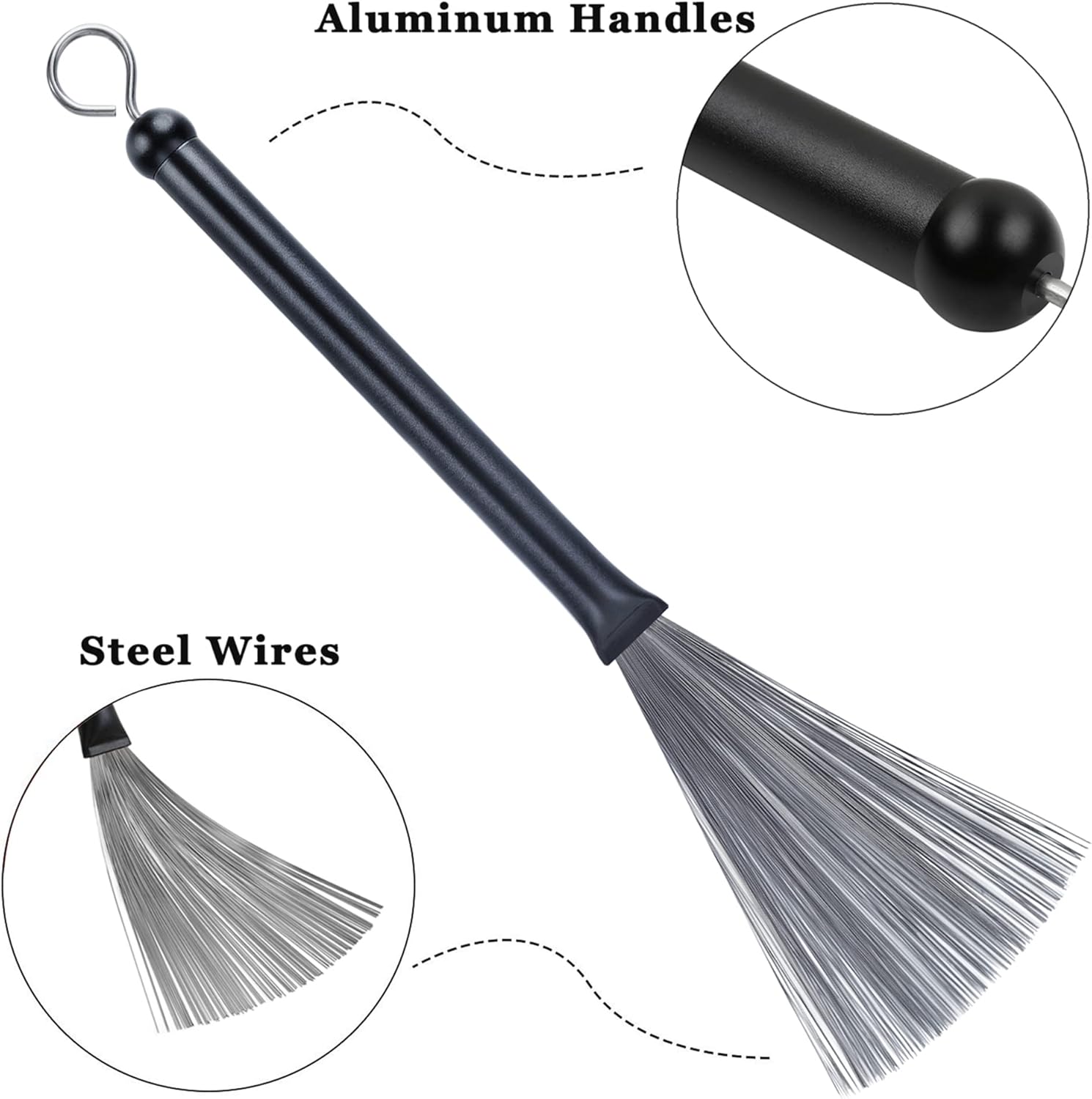 Escovas retráteis para bateria Meideal com cabo de alumínio preto e cerdas de fios de aço.