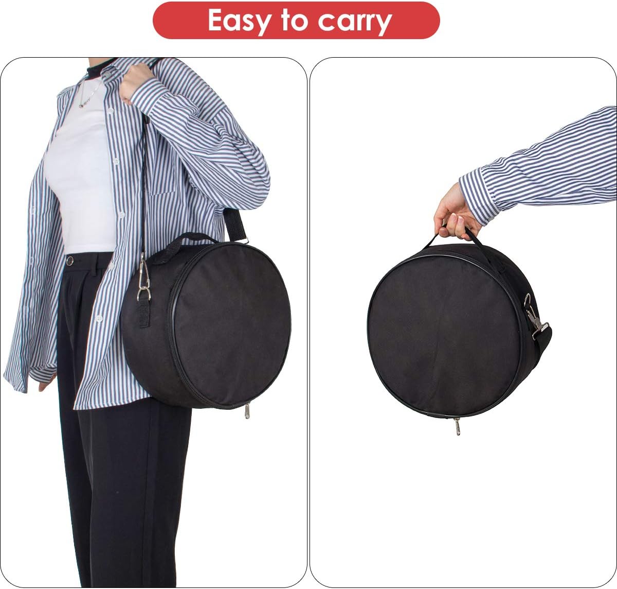 Bolsa preta para transporte do tambor de língua de aço Kmise MI3035 mostrada em uso e segurando na mão