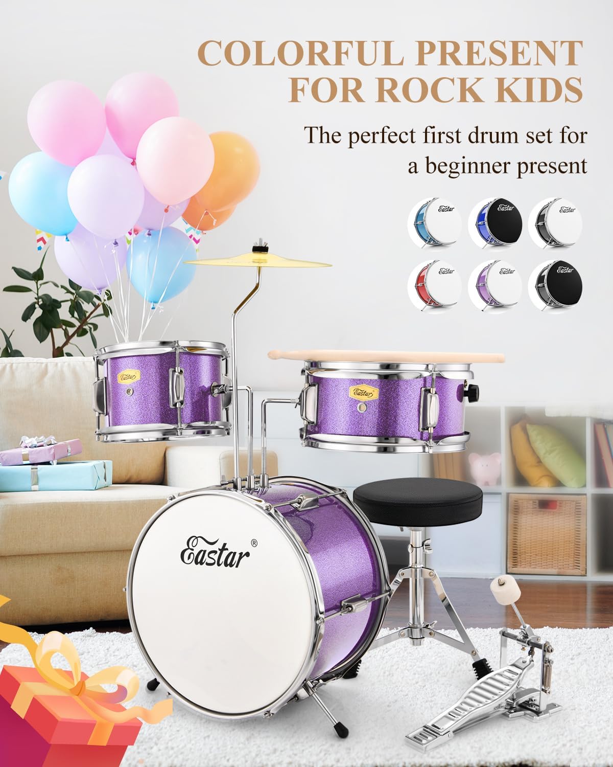 Conjunto de bateria júnior Eastar roxo metálico como presente para crianças iniciantes com várias cores disponíveis.