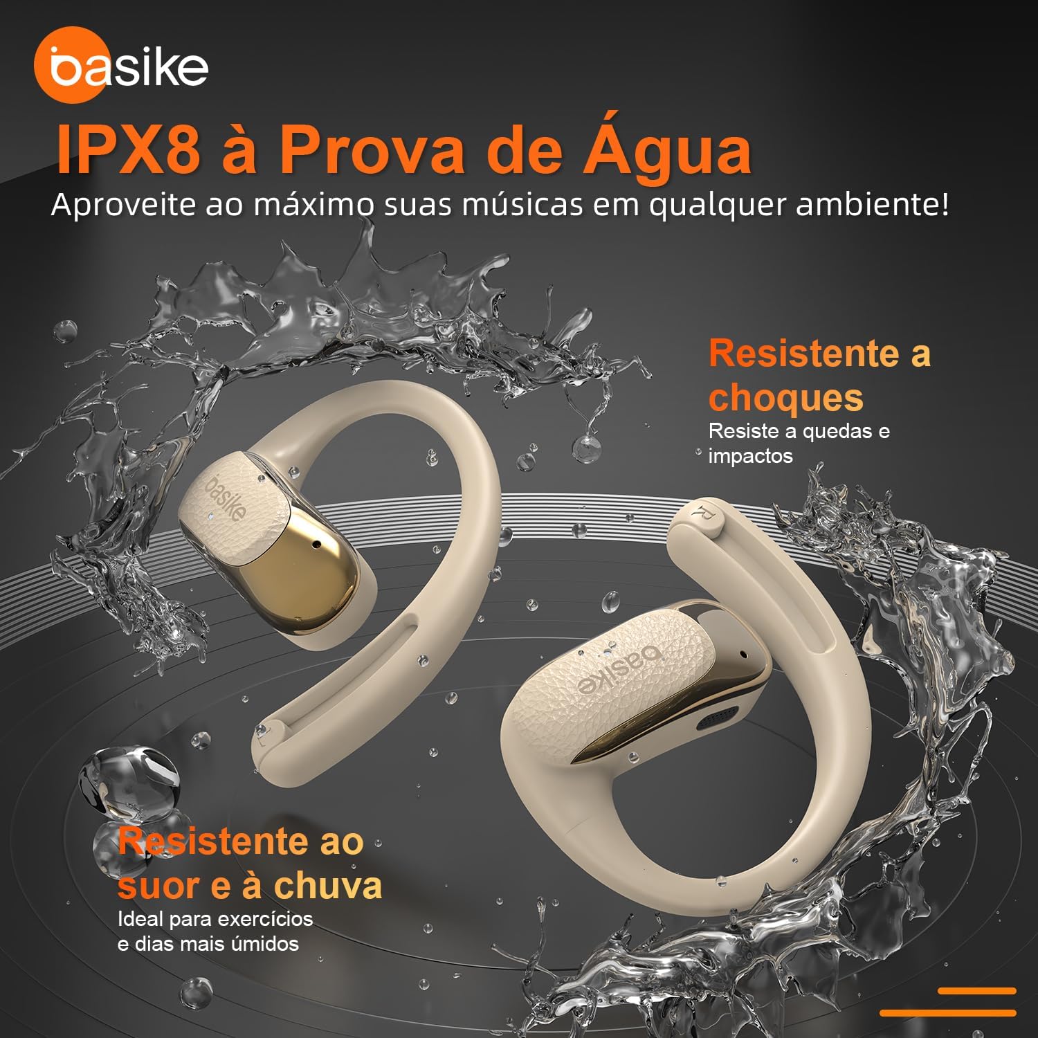 Fone Bluetooth Basike FON249 com resistência IPX8 à prova d'água e resistente a choques e suor.