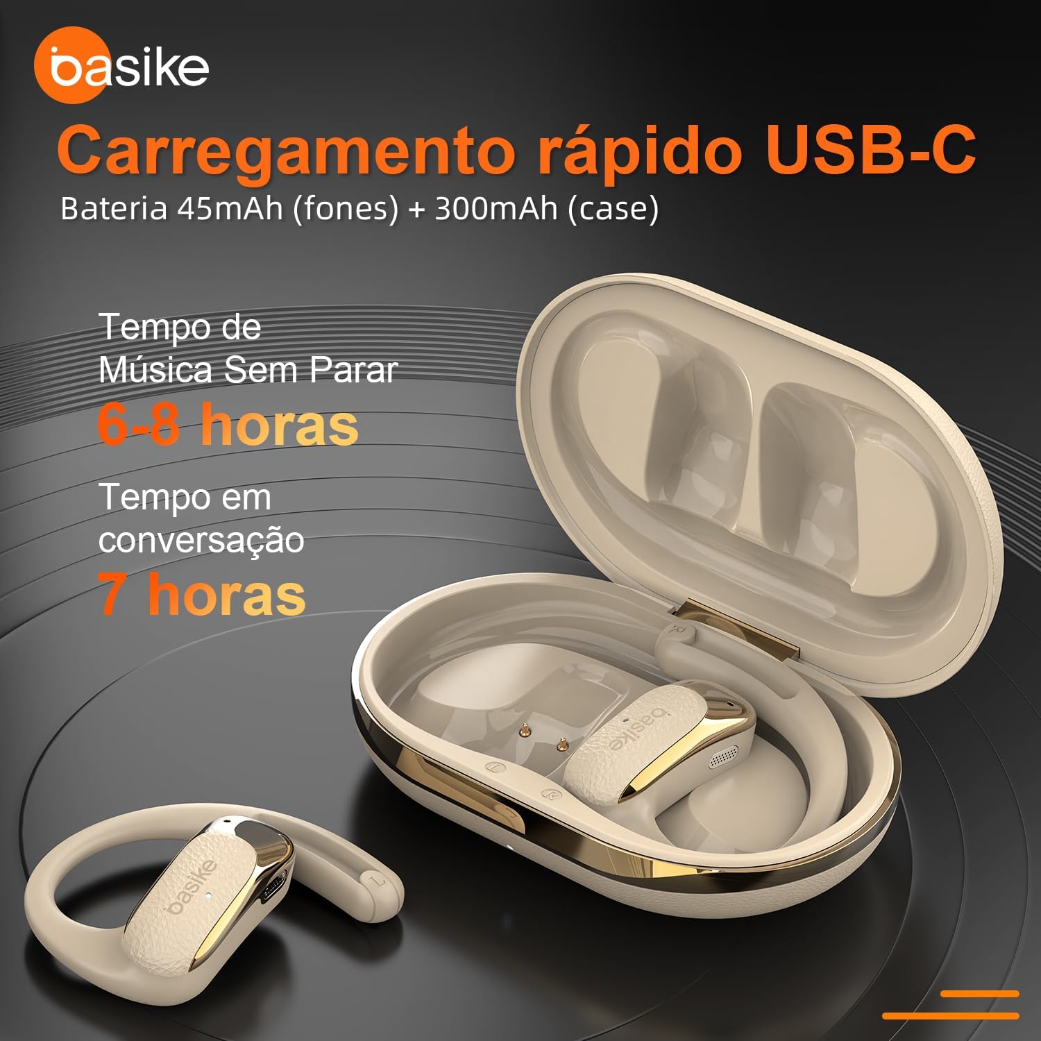 Fone Bluetooth Basike FON249 com carregamento rápido USB-C e longa duração de bateria.