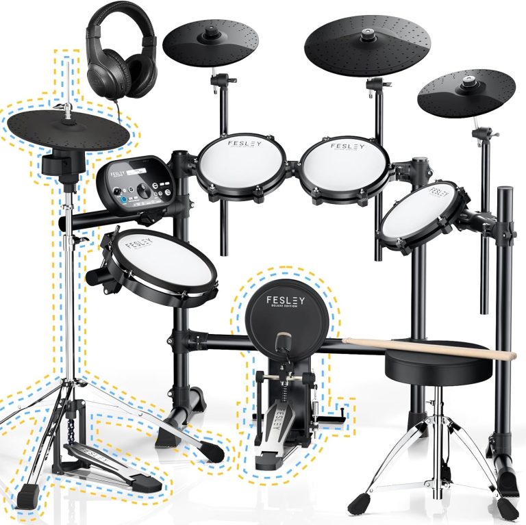 Bateria eletrônica Fesley com almofadas de malha silenciosa, prato hi-hat independente e pedal de bumbo reforçado.