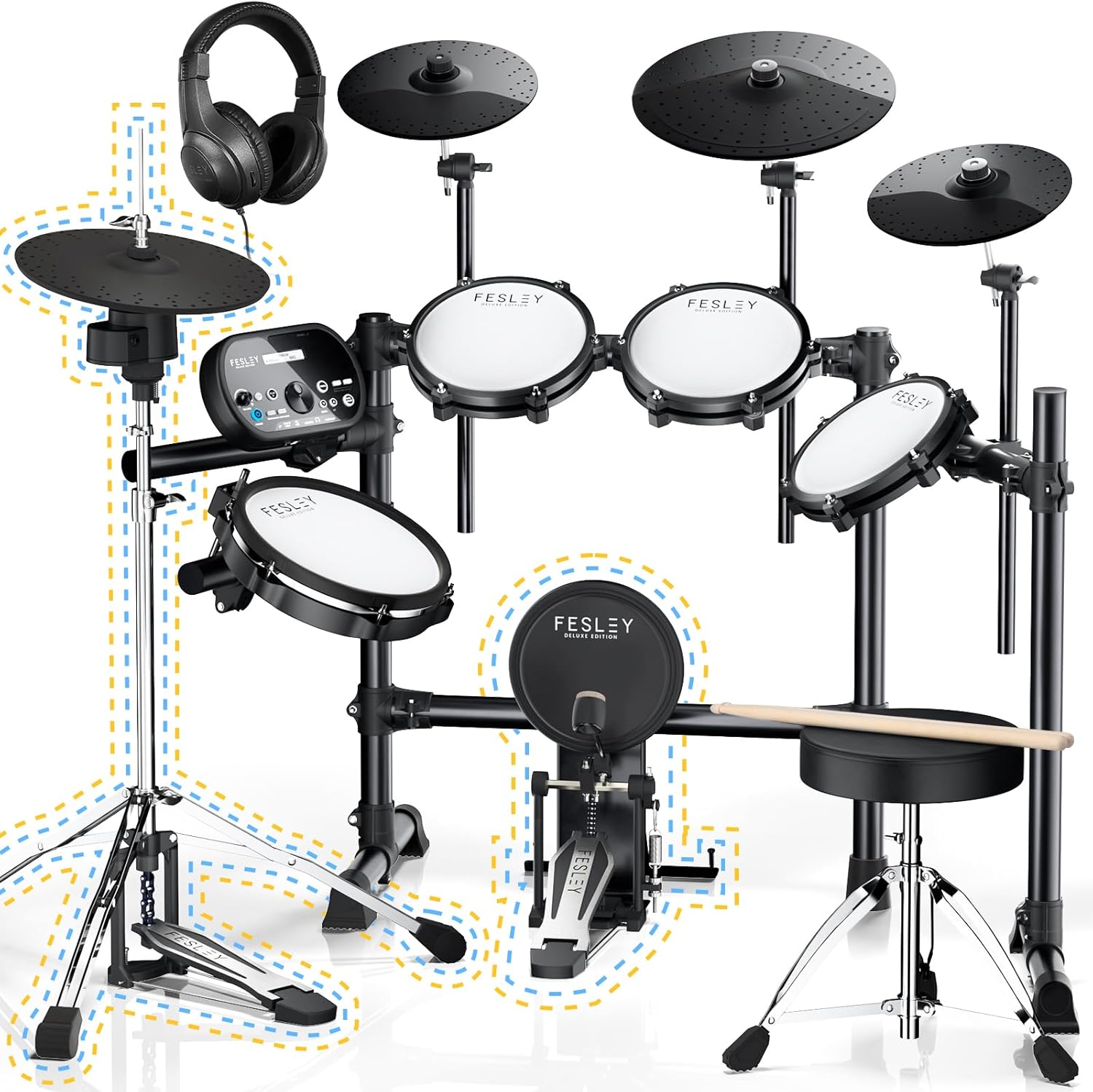 Bateria eletrônica Fesley com almofadas de malha silenciosa, prato hi-hat independente e pedal de bumbo reforçado.