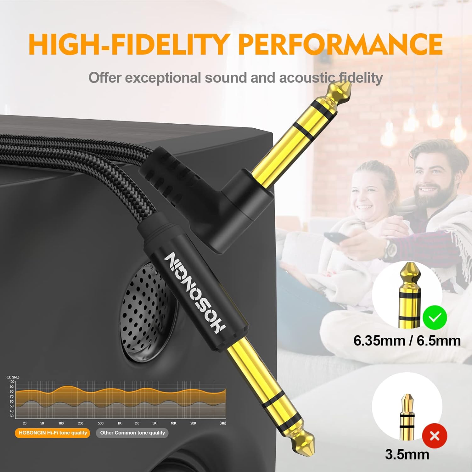 Cabo para guitarra HOSONGIN P10 6,35 mm com alta fidelidade sonora e conectores banhados a ouro