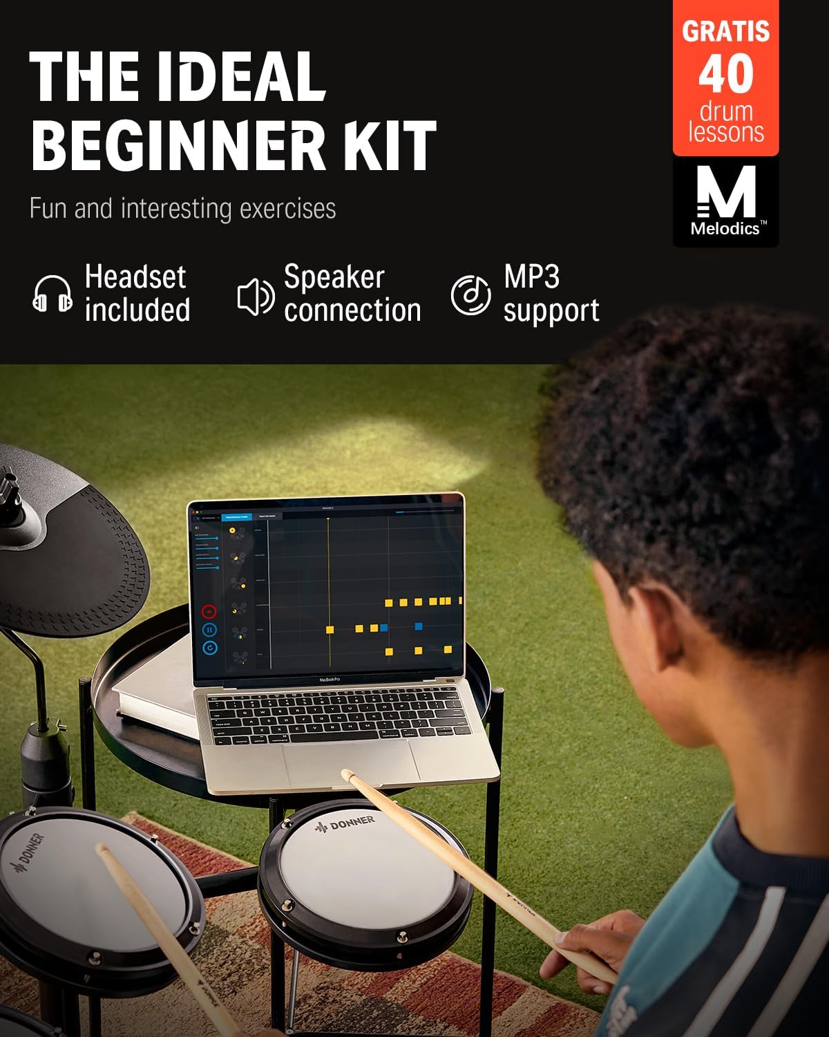 Kit ideal para iniciantes Donner DED-80 com headset incluso, conexão para speaker e suporte a MP3
