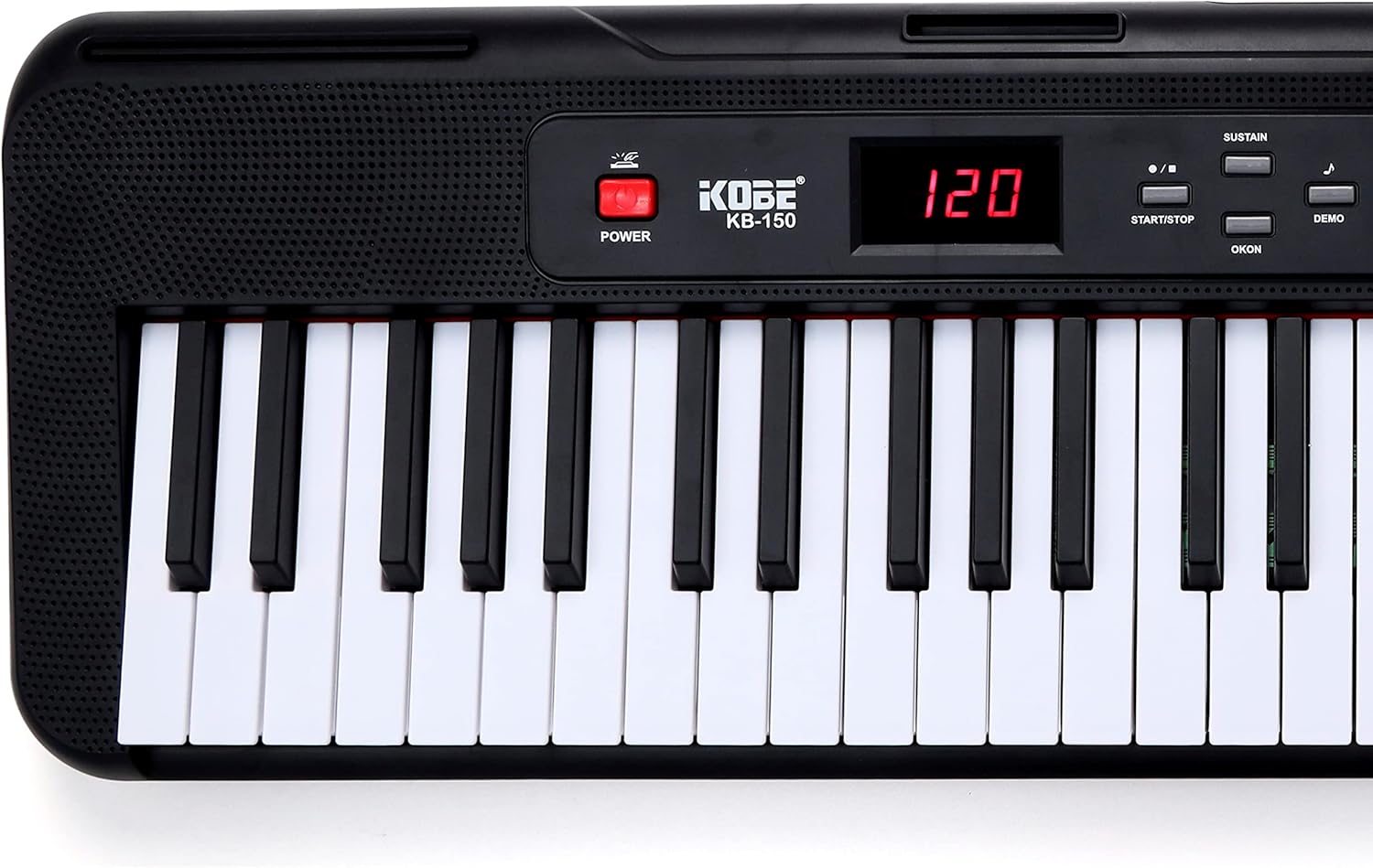 Detalhe do painel e teclas do teclado musical Kobe KB-150 com display digital e botões de controle.