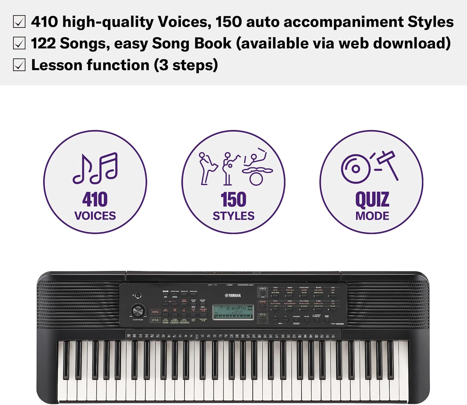 Recursos do teclado Yamaha PSR-E283: 410 vozes, 150 estilos, 122 músicas e lição em 3 passos