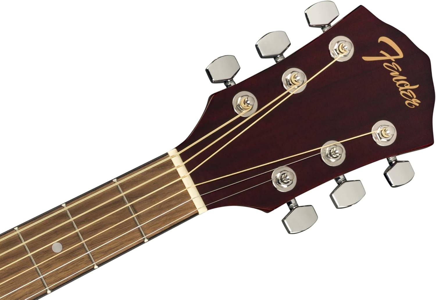 Headstock da guitarra Fender FA-125CE com logo Fender dourado e tarraxas cromadas
