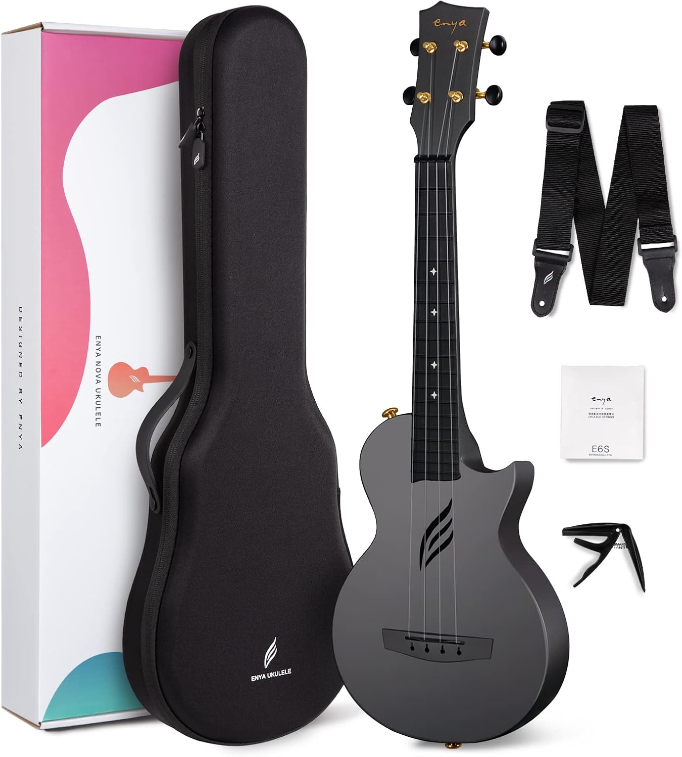 Enya Nova U Ukulele concert de fibra de carbono preto fosco com acessórios e case rígido