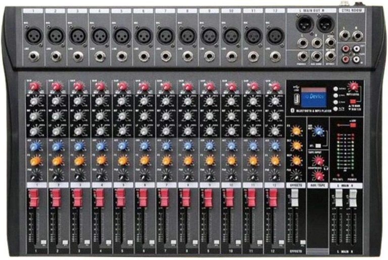 Mesa de som digital preta Lelong com 12 canais, Bluetooth e MP3 player, controle de volume e efeitos, entradas XLR e P10