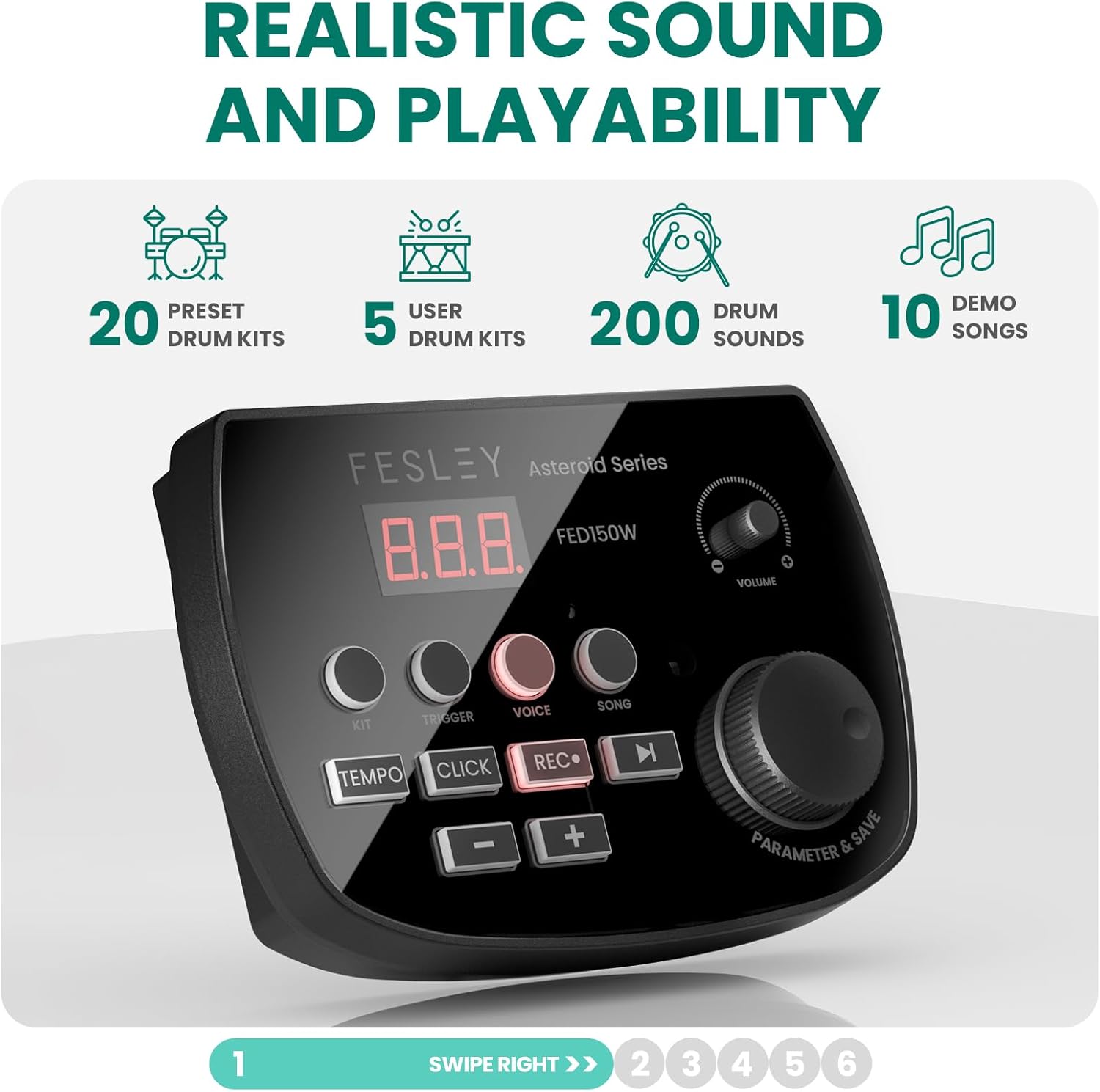 Módulo de som da bateria eletrônica Fesley FED150W com display digital e botões de controle mostrando recursos como kits de bateria e sons.